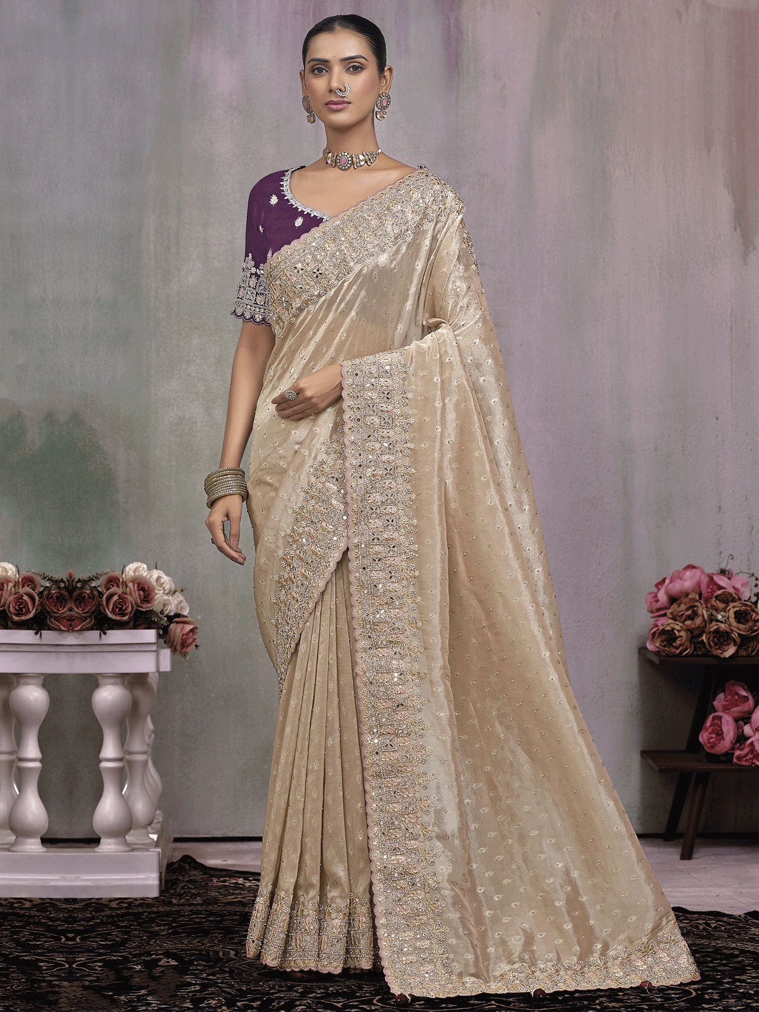 Beige Traditional Saree With Mirror Work Border