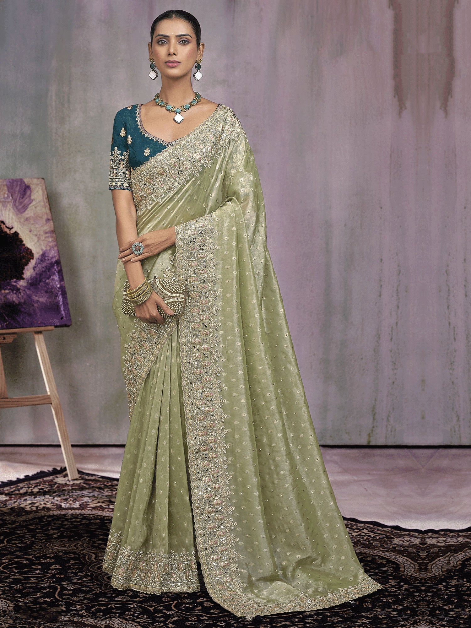 Green Heavy Mirror Embellished Wedding Saree