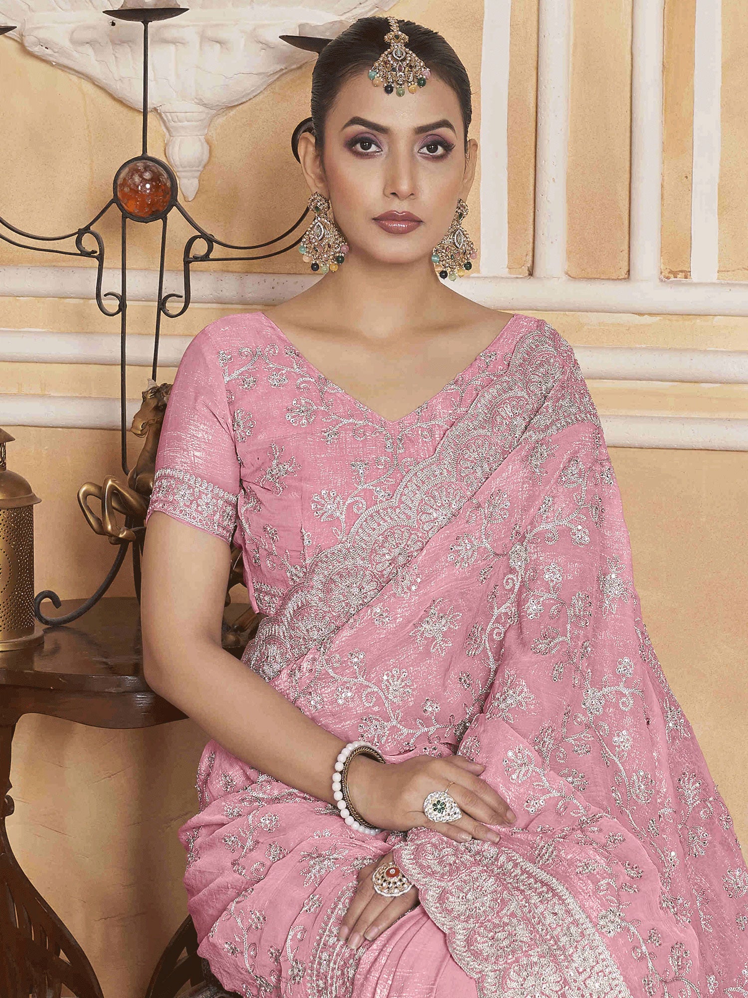 Pink Embroidered Festive Saree With Blouse
