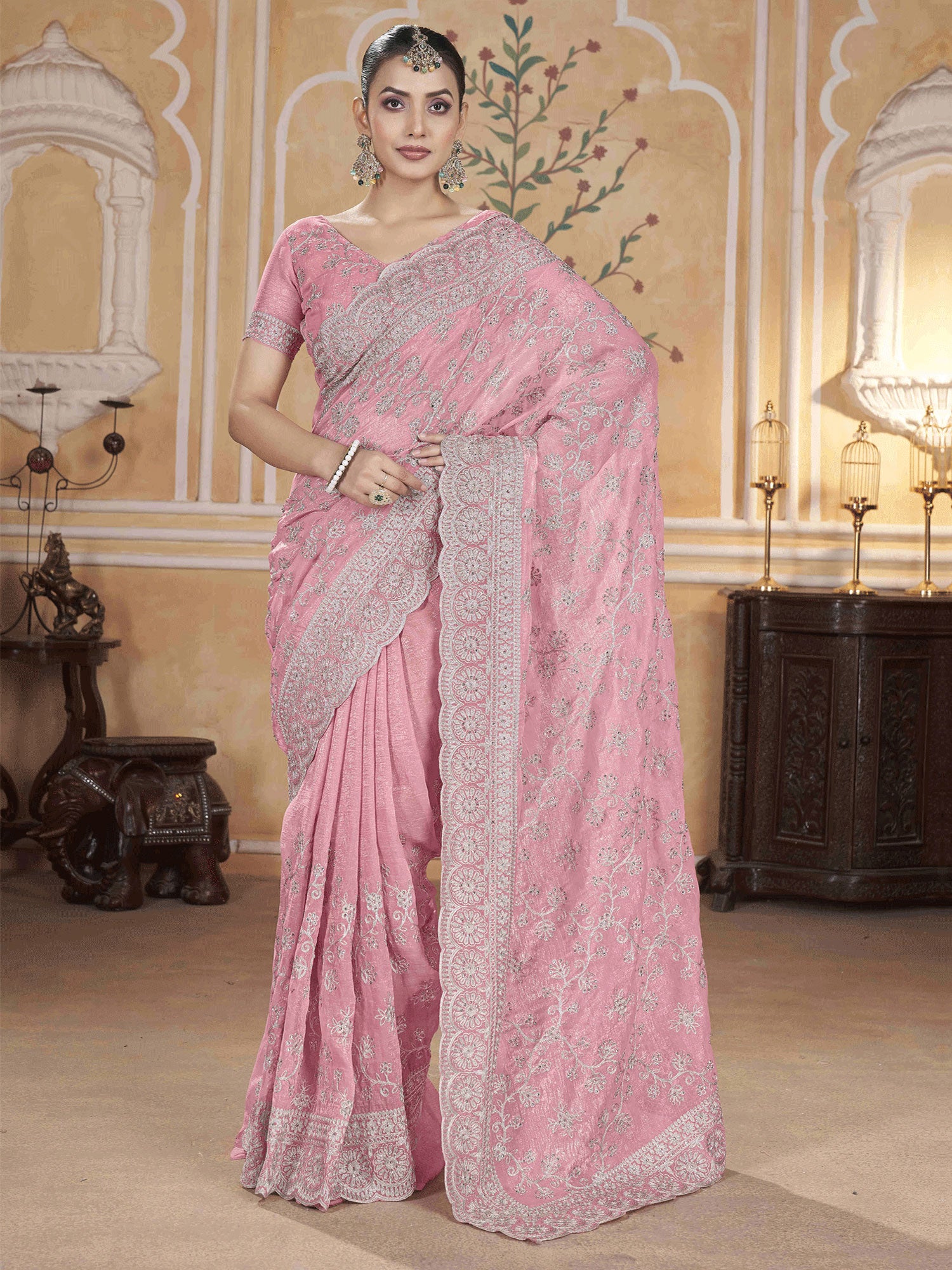 Pink Embroidered Festive Saree With Blouse