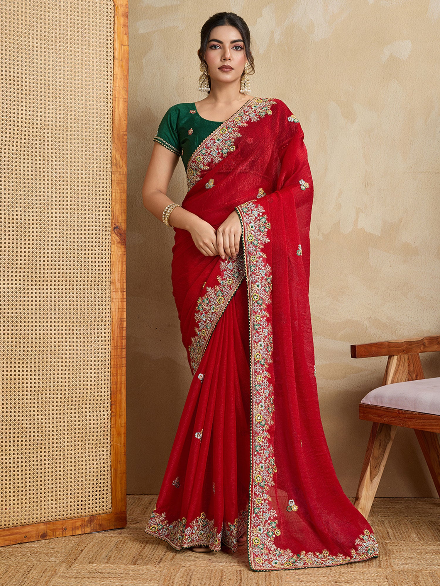 Cherry Red Festive Wear Bridal Saree