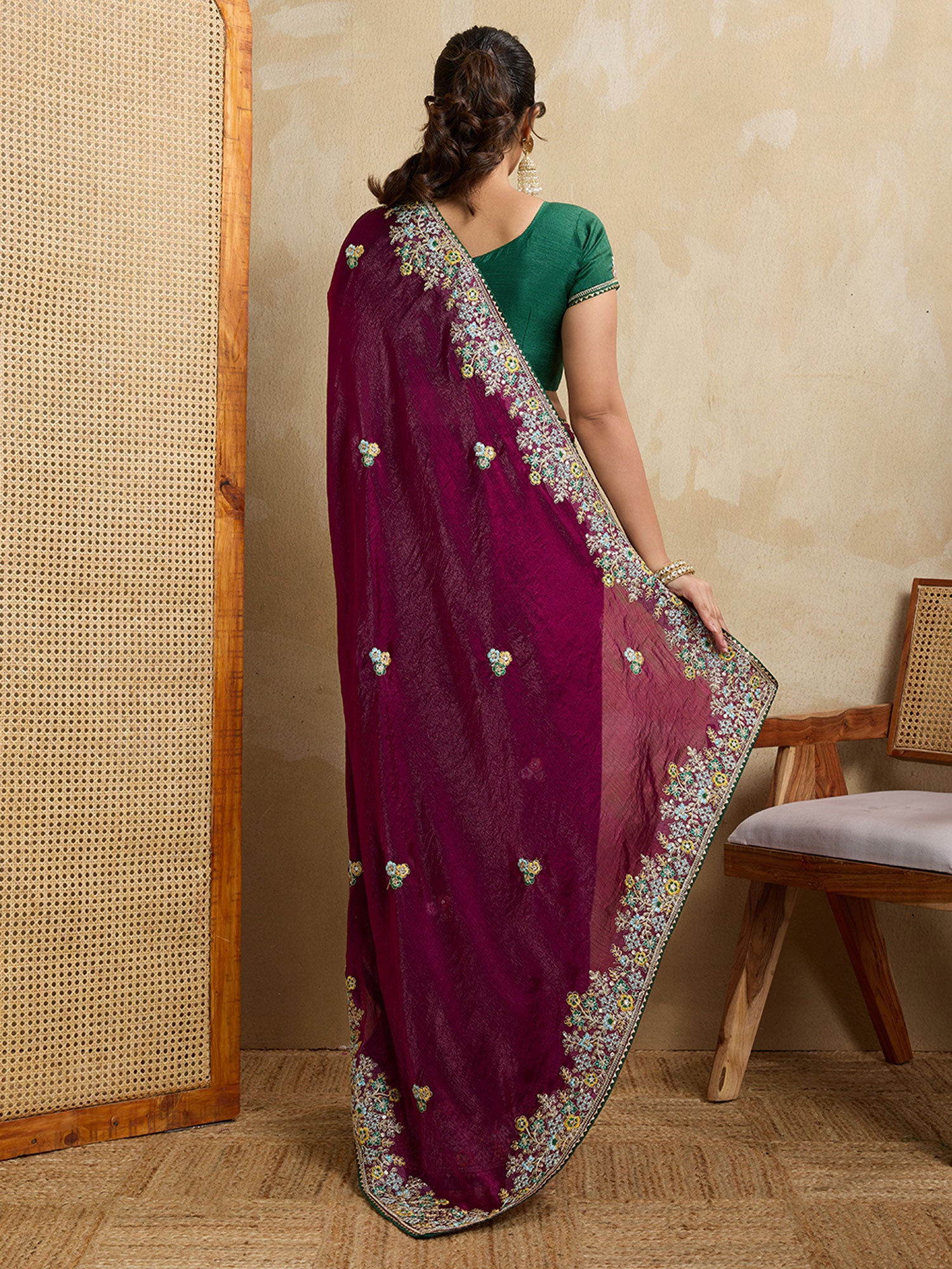 Wine Wedding Saree In Thread Embellishment