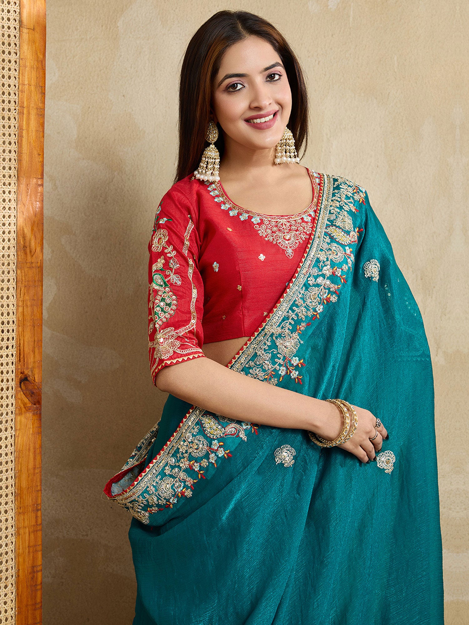 Teal Blue Embroidered Traditional Saree In Chiffon