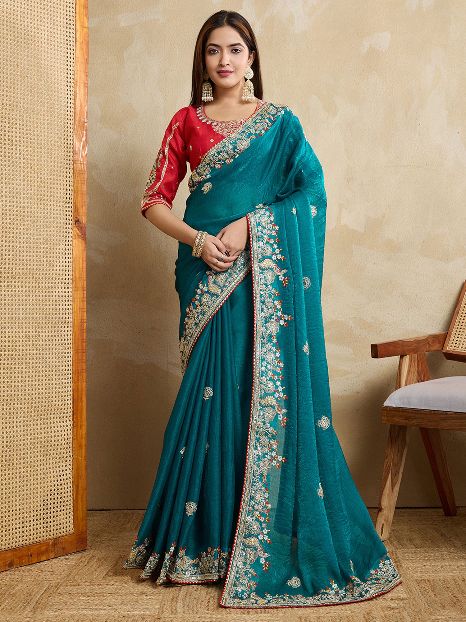 Teal Blue Embroidered Traditional Saree In Chiffon
