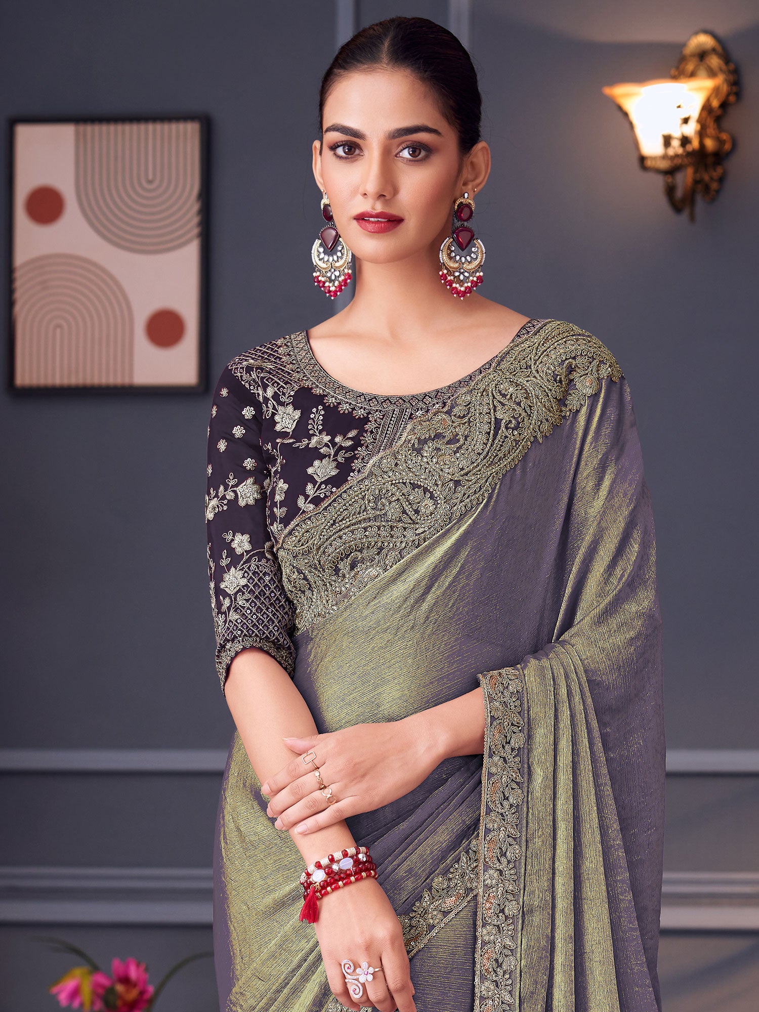 Dark Grey Embroidered Party Wear Saree