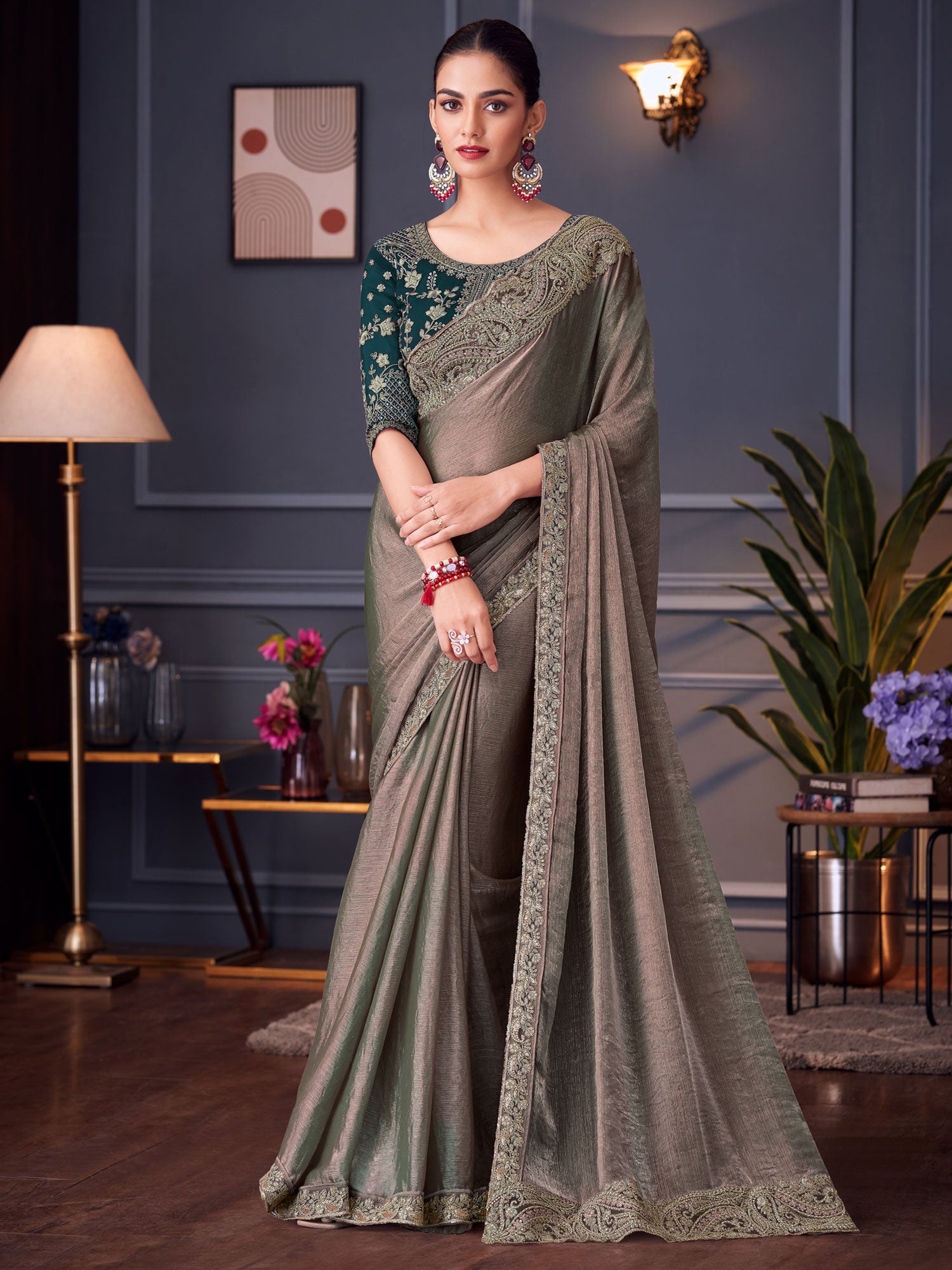 Mauve Bridal Silk Saree In Zari Embellishment