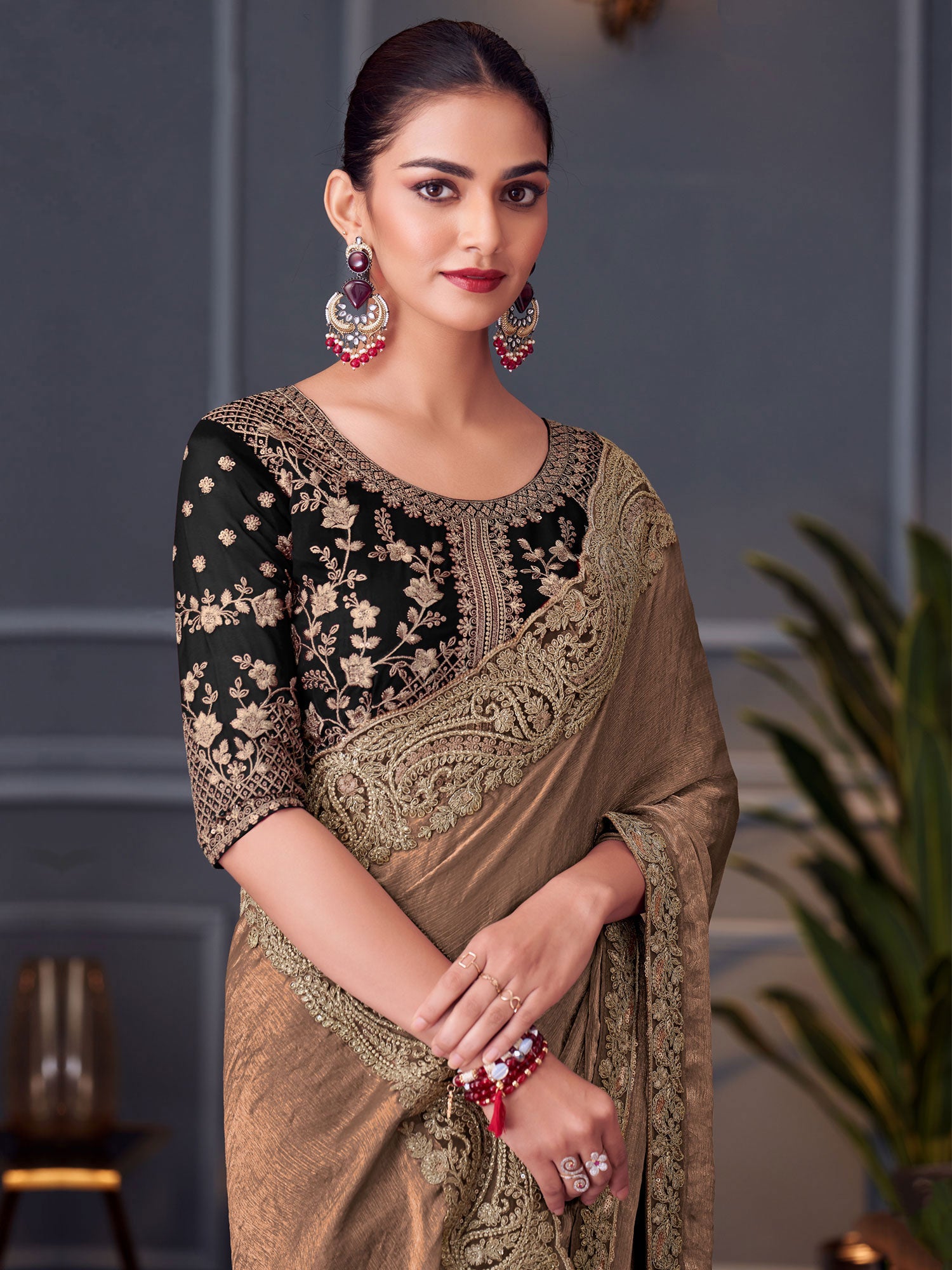 Golden Brown Wedding Saree With Blouse