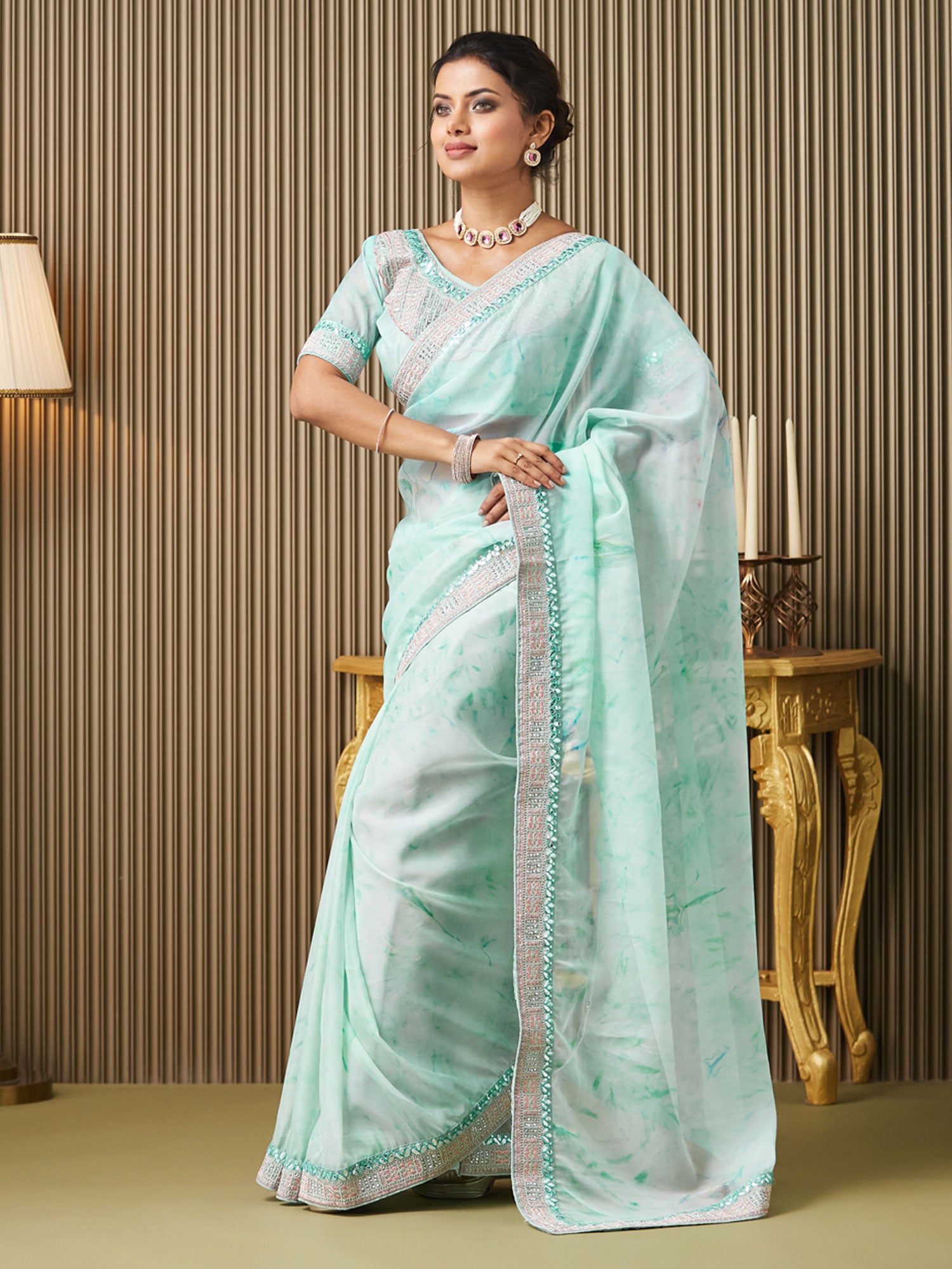 Sky Blue Wedding Saree In Organza With Blouse