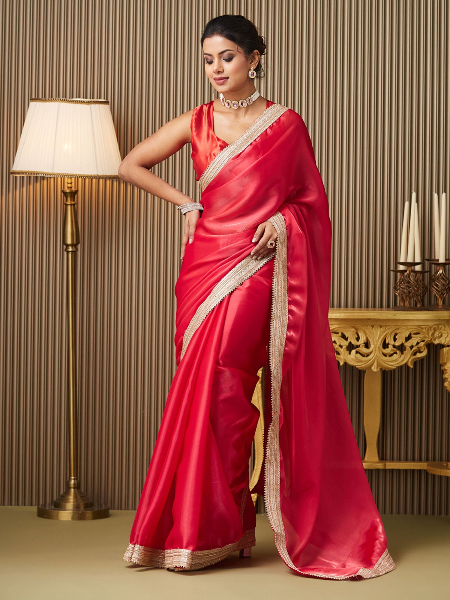 Red Zari Work Wedding Saree In Organza