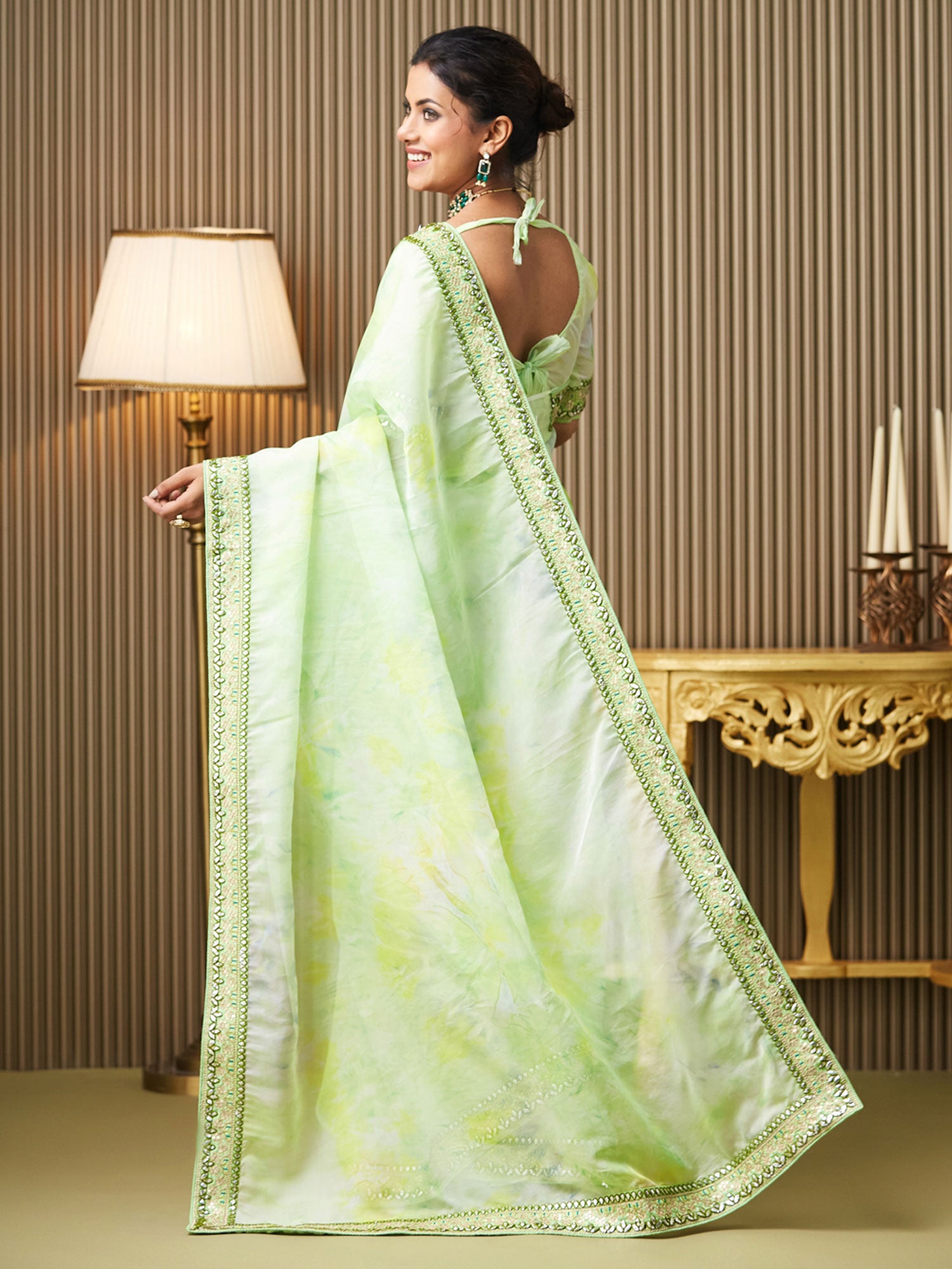 Green Organza Saree With Embroidered Borders