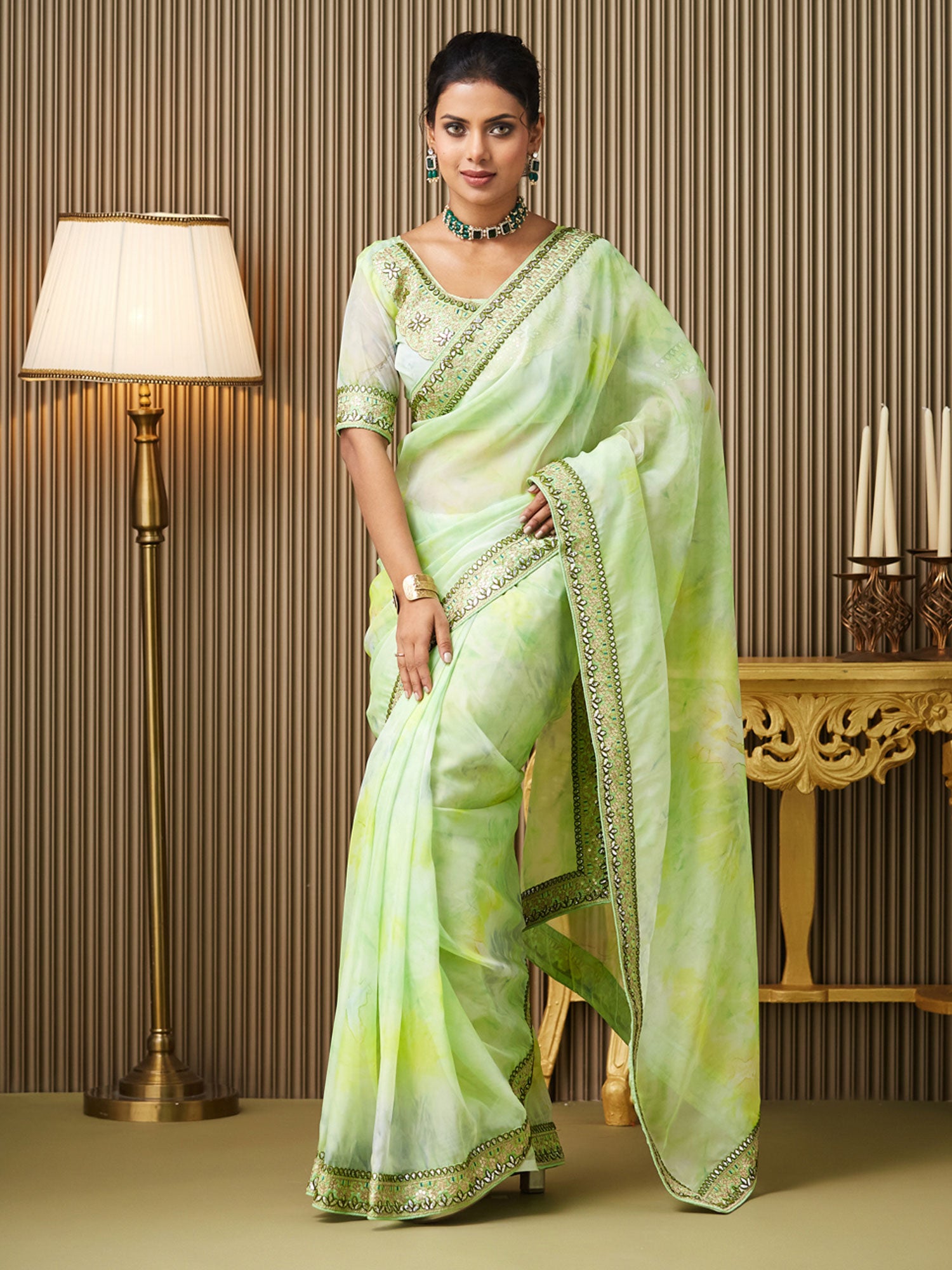 Green Organza Saree With Embroidered Borders