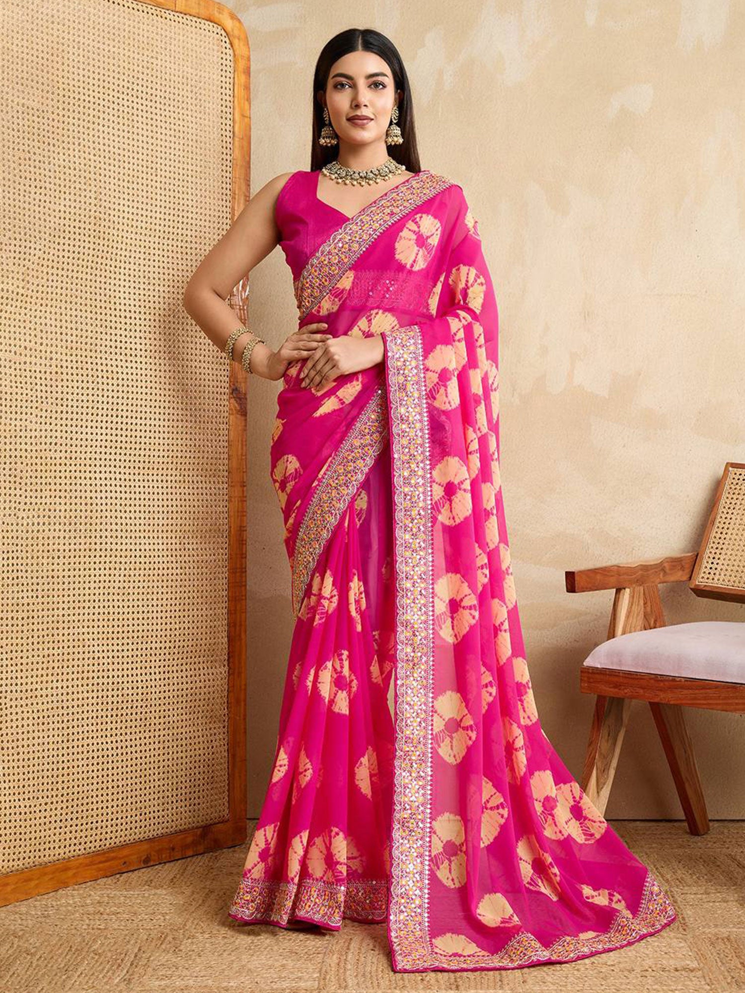 Pink Festive Wear Printed Saree With Blouse