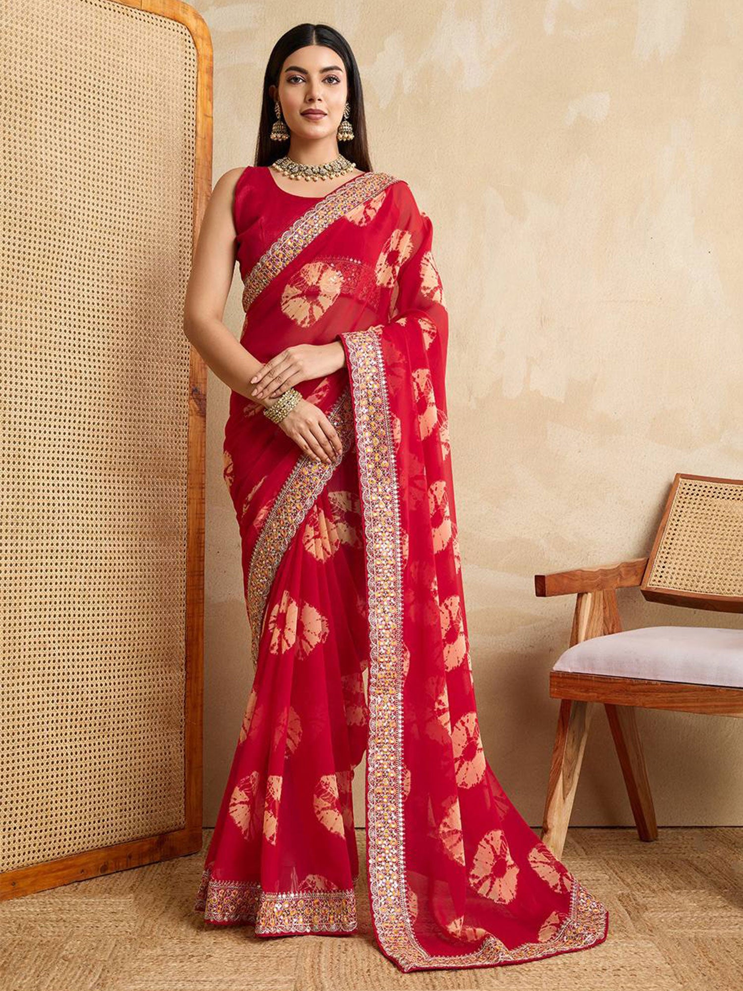 Red Floral Printed Festive Saree In Georgette