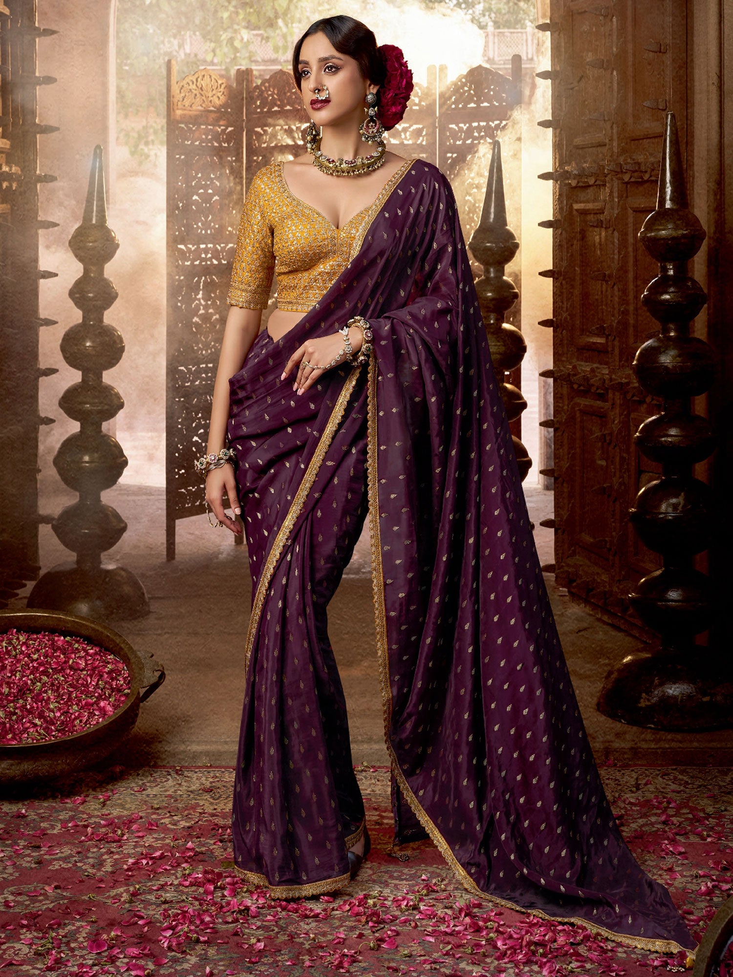 Wine Crepe Saree With Embroidered Blouse