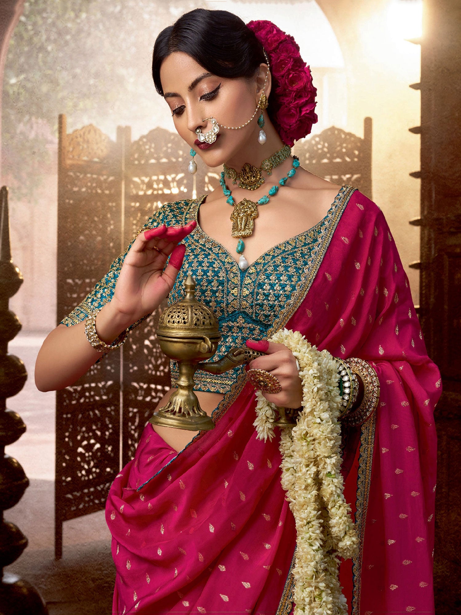 Rani Pink Wedding Wear Crepe Saree