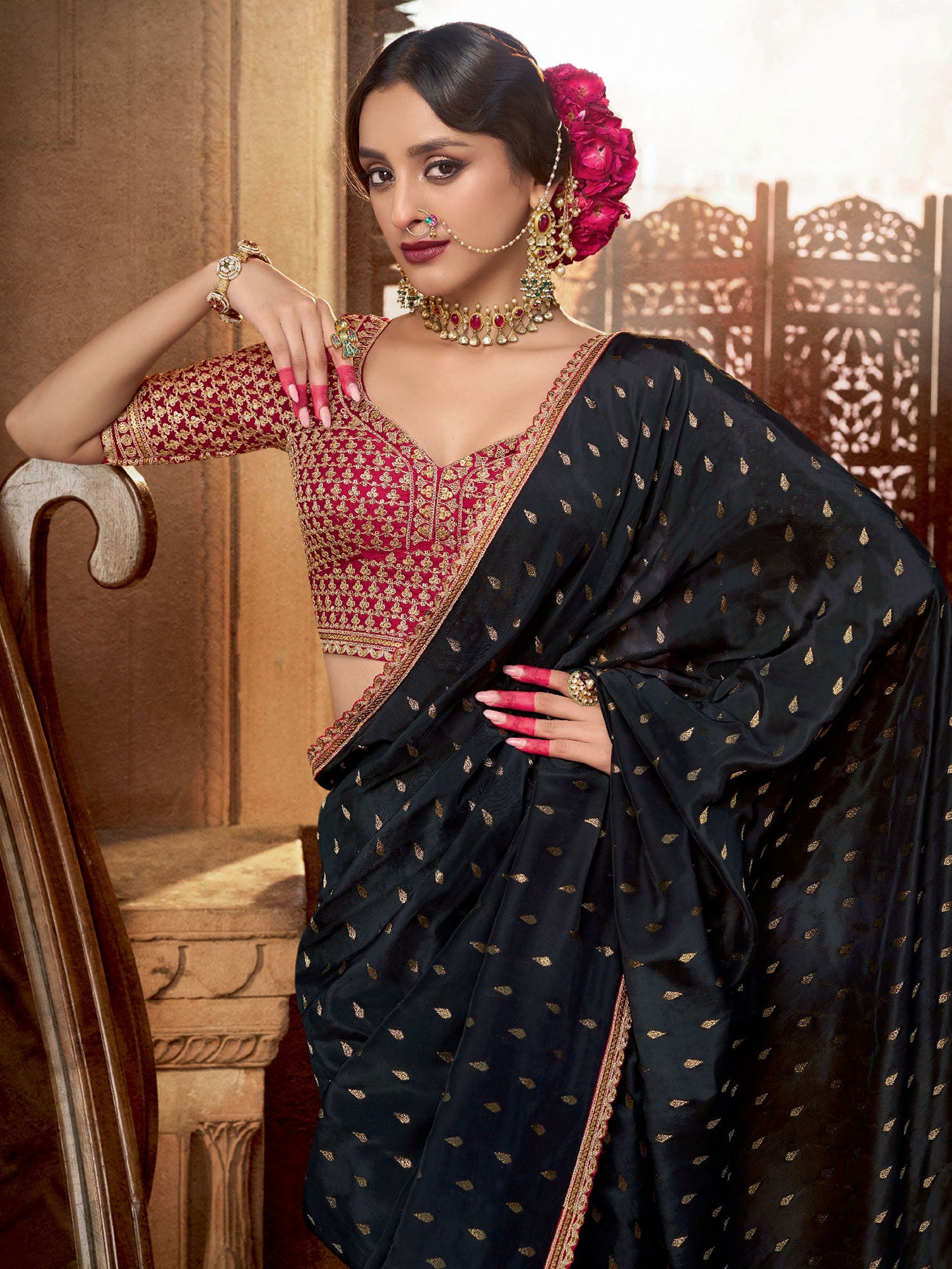 Black Crepe Party Wear Saree With Blouse