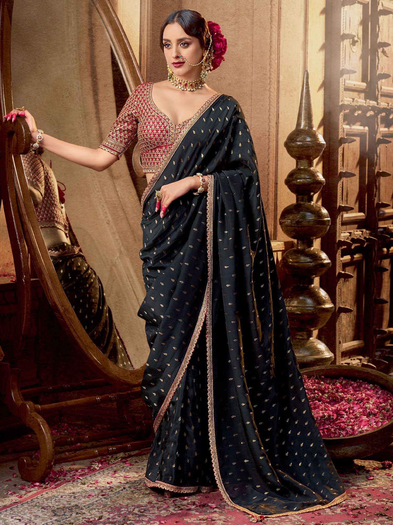Black Crepe Party Wear Saree With Blouse