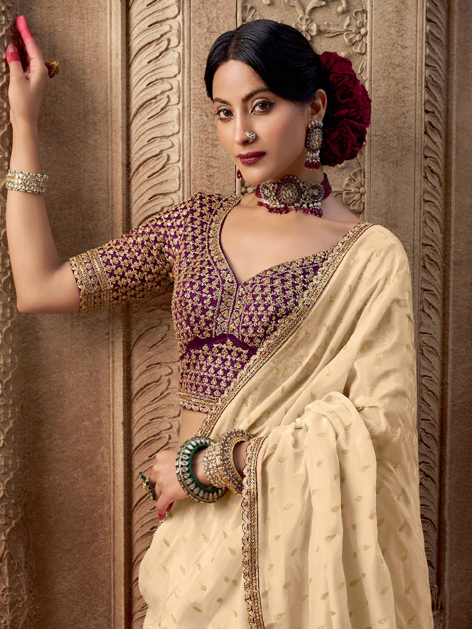 Beige Zari Enhanced Party Wear Saree In Crepe