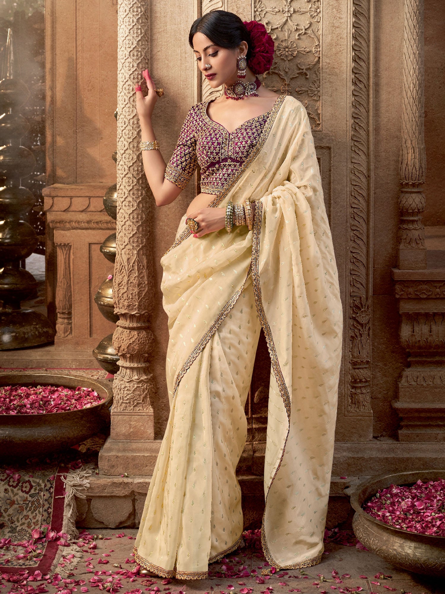 Beige Zari Enhanced Party Wear Saree In Crepe