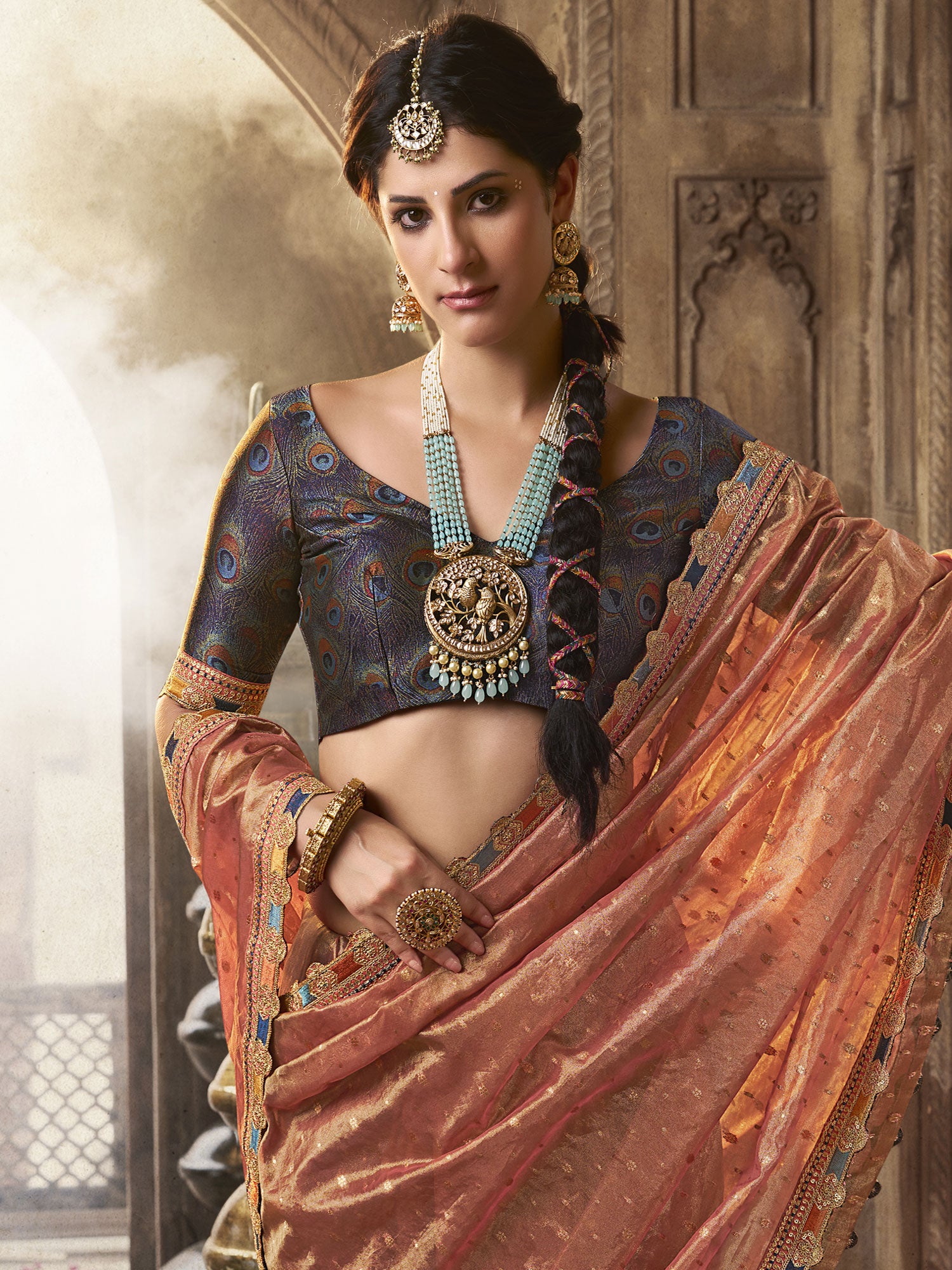 Peach Sequins Augmented Festive Saree In Silk