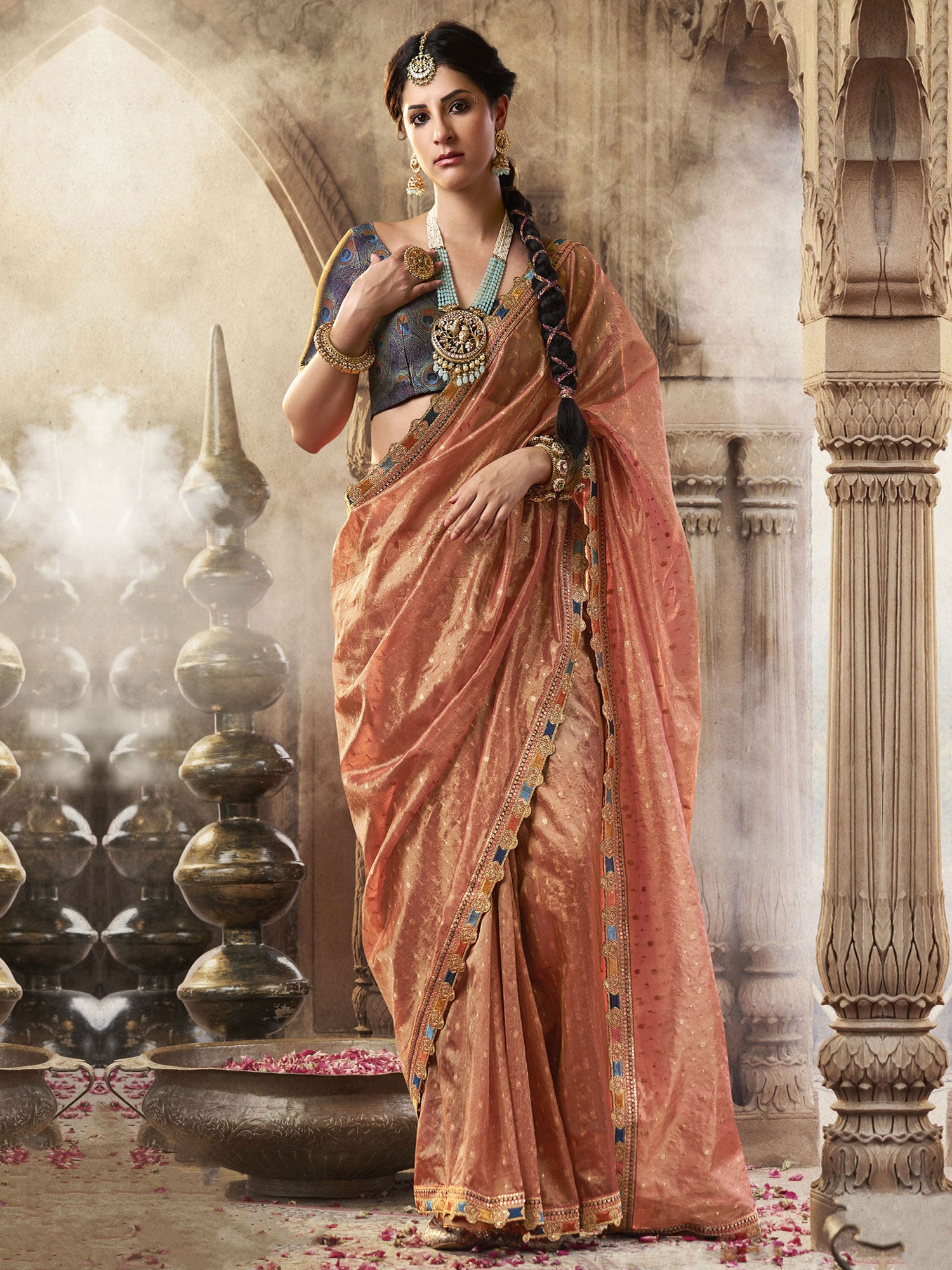 Peach Sequins Augmented Festive Saree In Silk