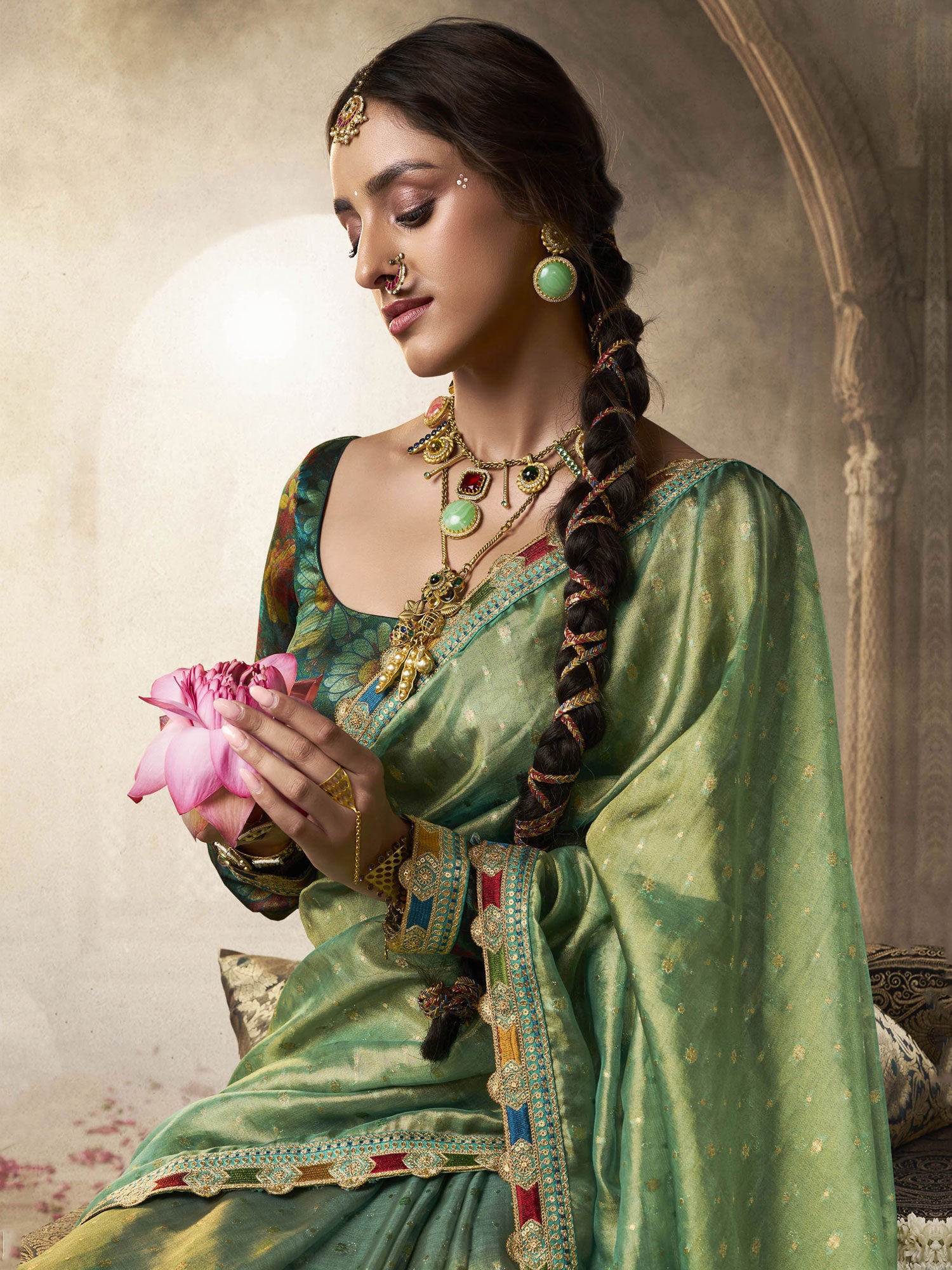 Green Tissue Silk Casual Saree With Blouse