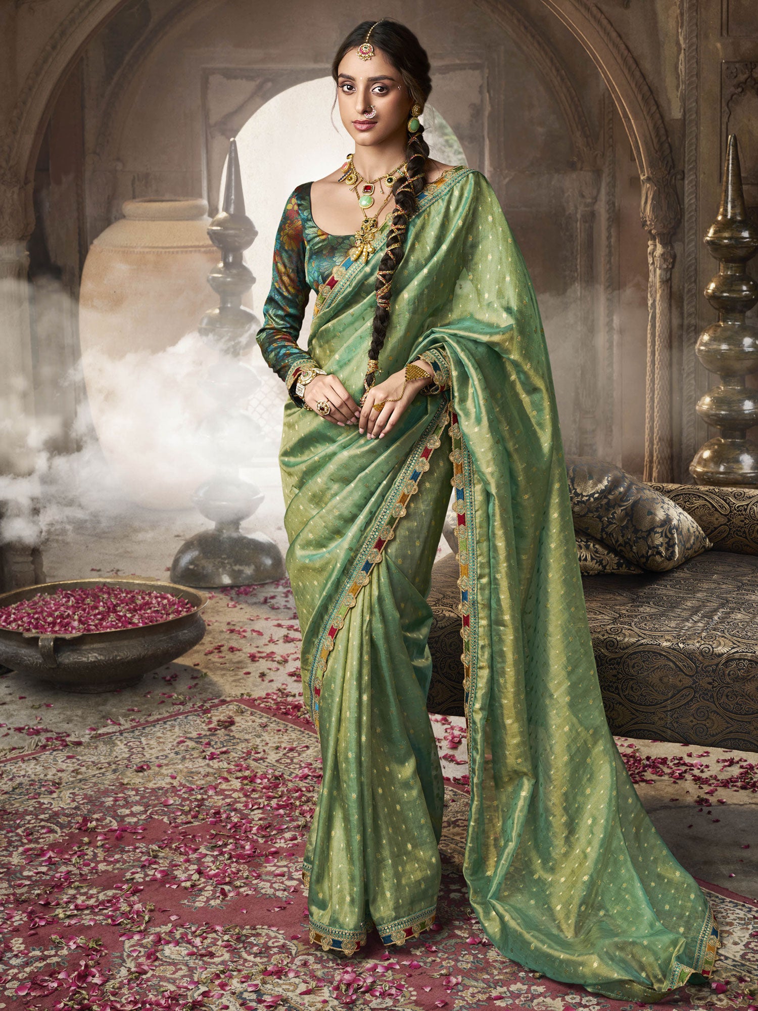 Green Tissue Silk Casual Saree With Blouse