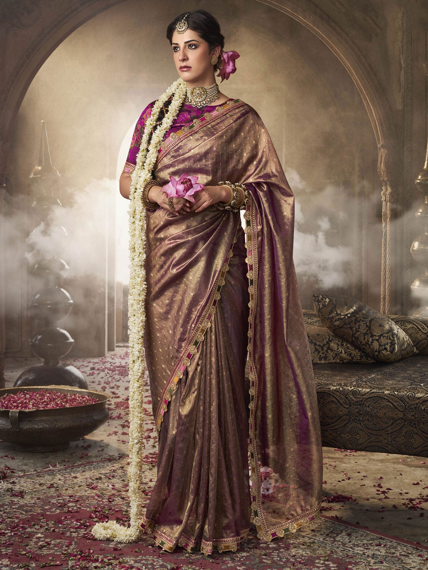 Brown Casual Wear Silk Saree In Zari Work