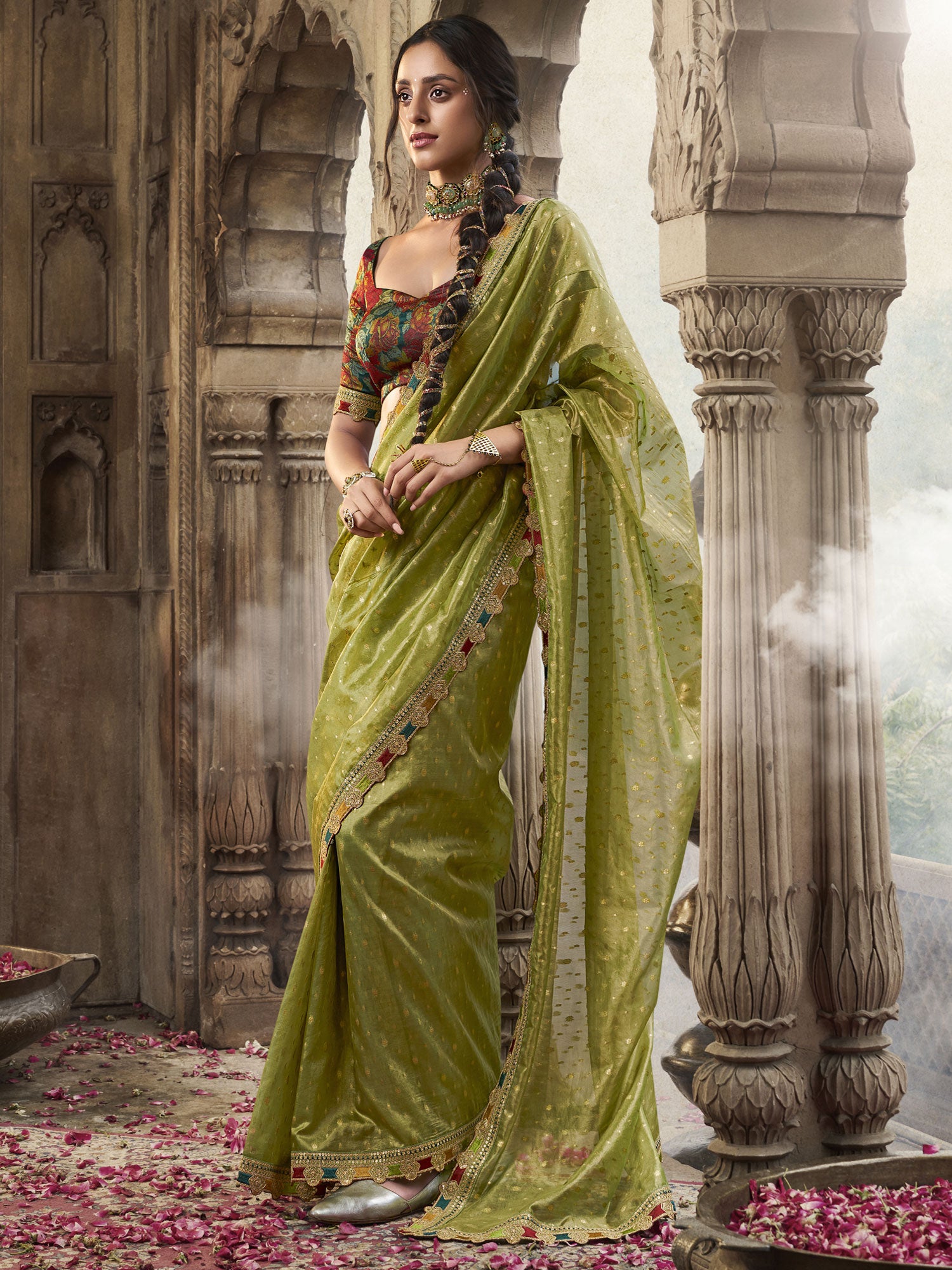 Pista Green Silk Saree With Sequins Work Borders