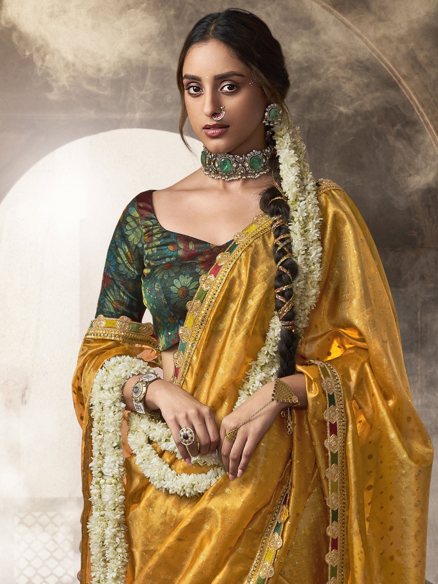 Yellow Zari Work Enhanced Saree In Tissue Silk