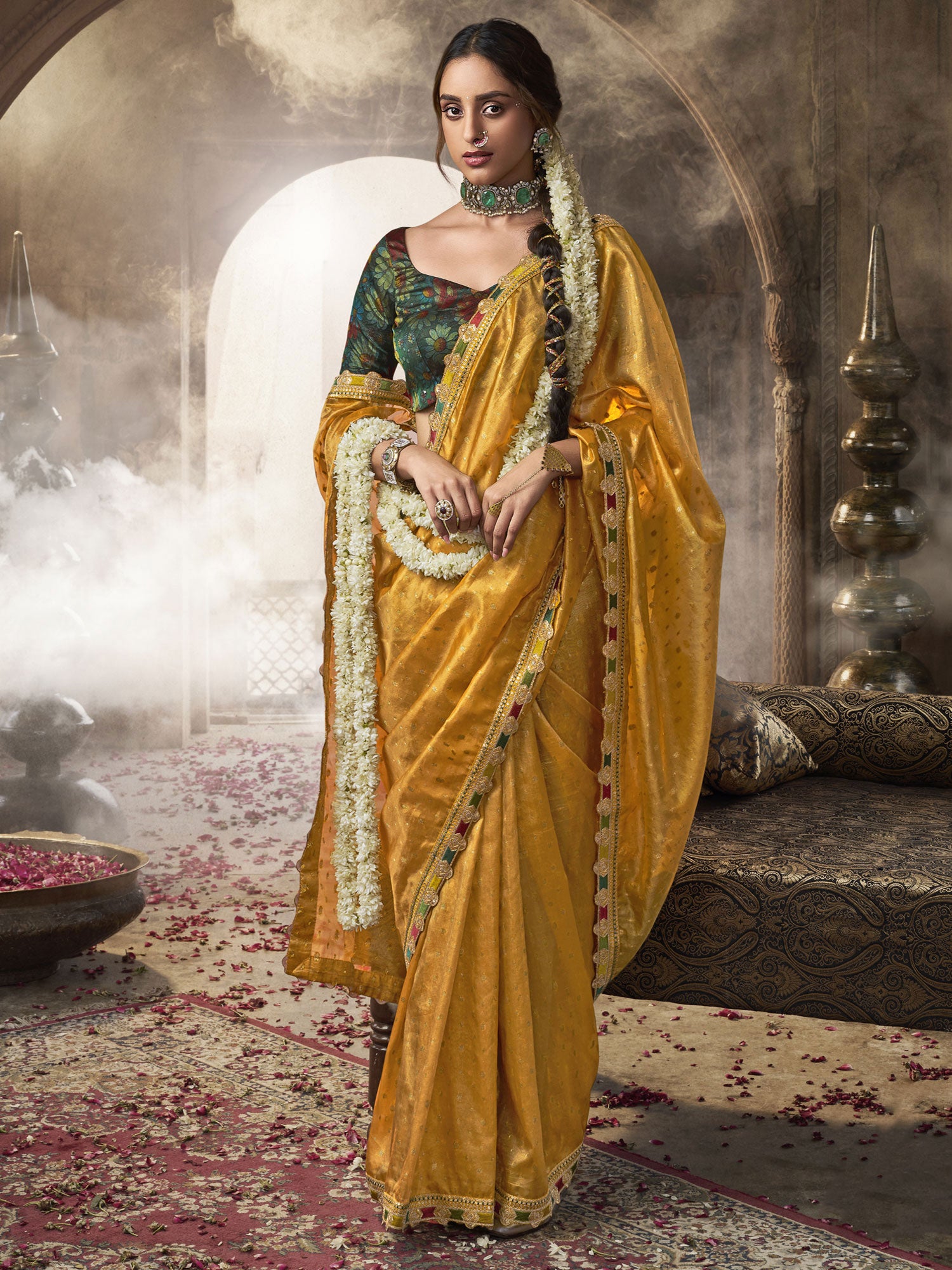 Yellow Zari Work Enhanced Saree In Tissue Silk
