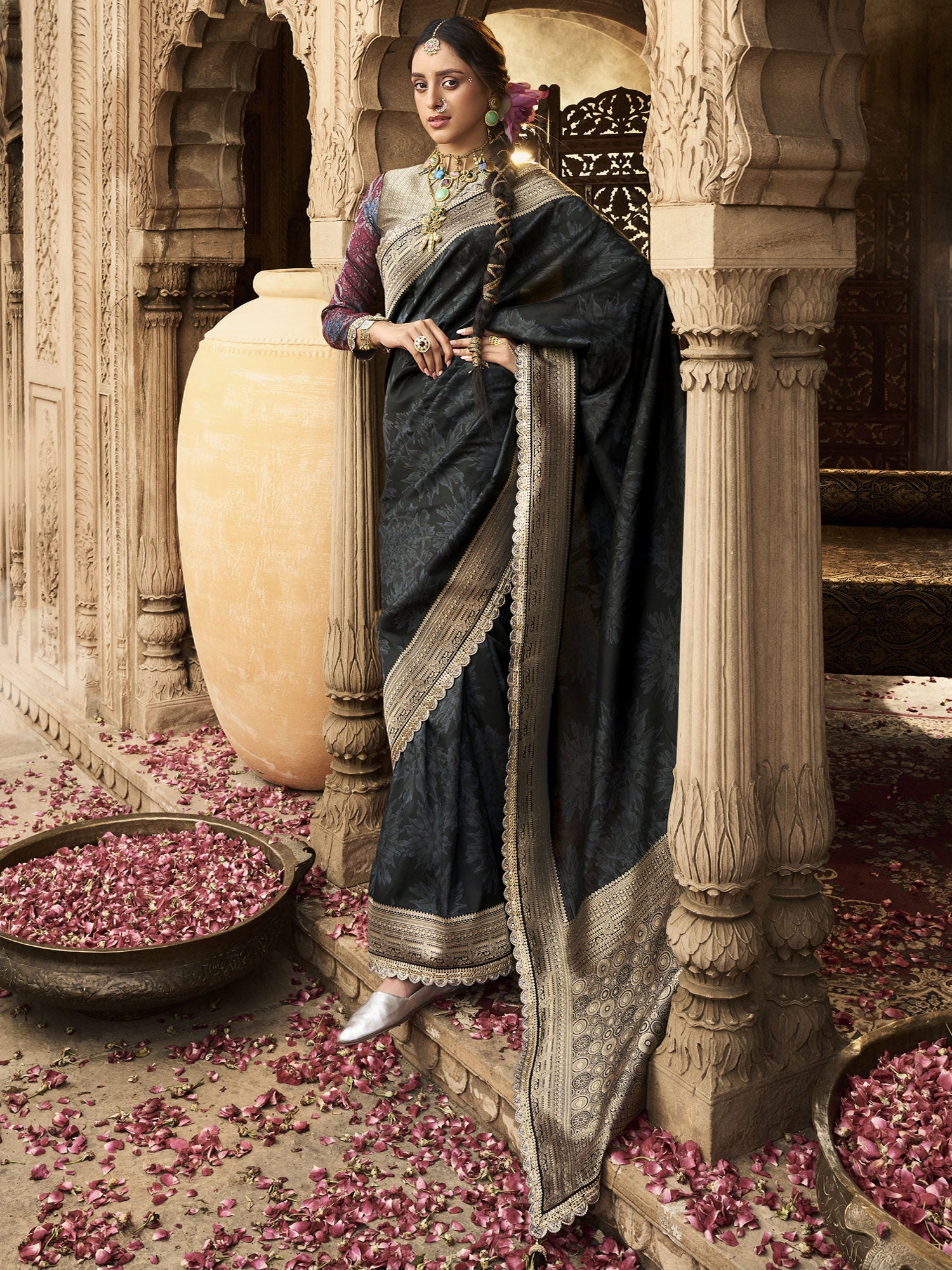 Black Party Wear Saree With Heavy Woven Pallu