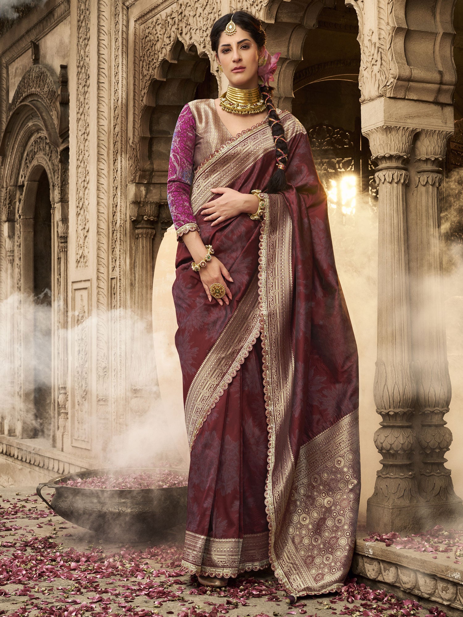 Maroon Banarasi Silk Saree In Heavy Zari Weaving
