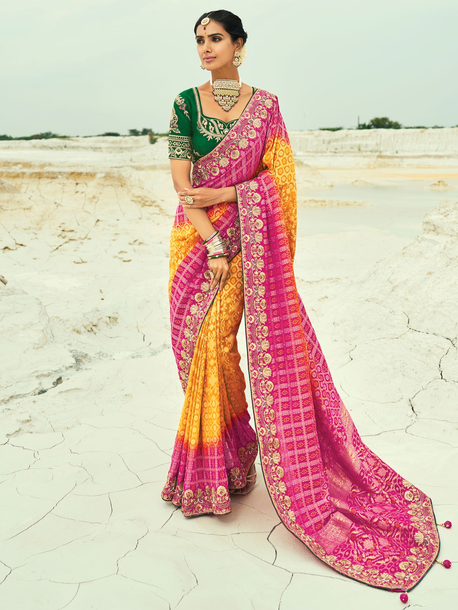 Pink And Yellow Ombre Shaded Saree With Heavy Borders