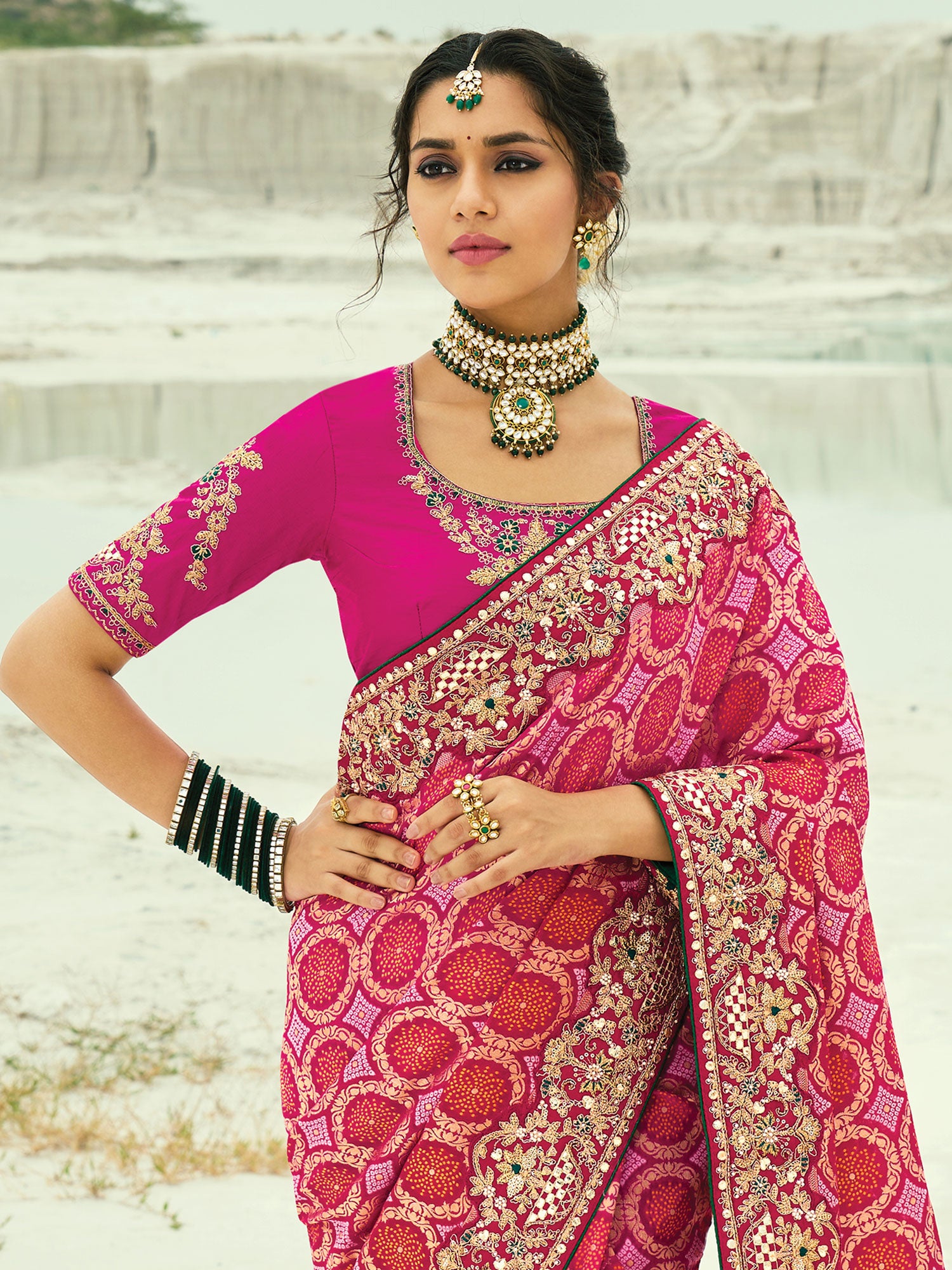 Pink Bridal Saree With Heavy Embroidered Borders