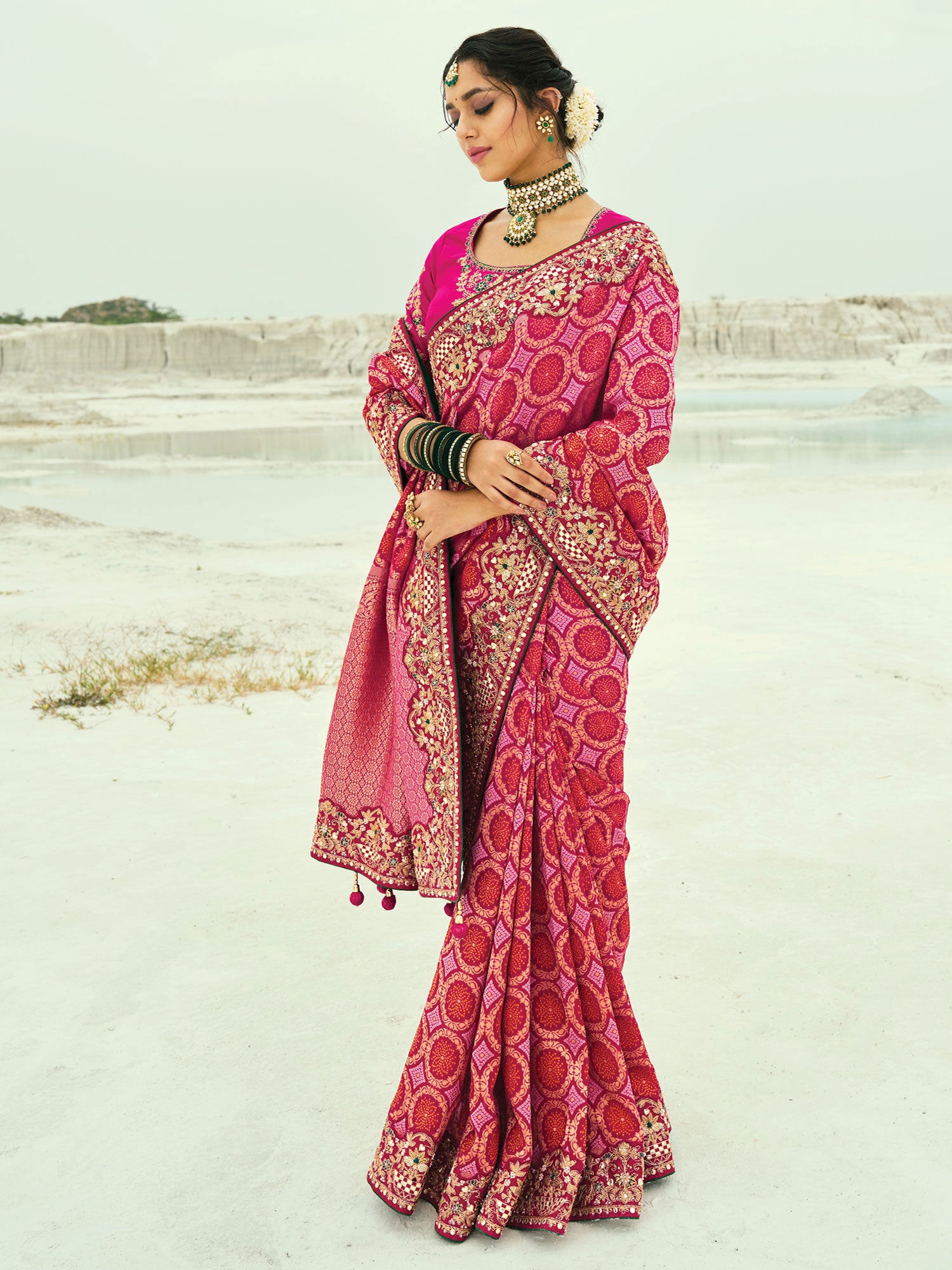 Pink Bridal Saree With Heavy Embroidered Borders