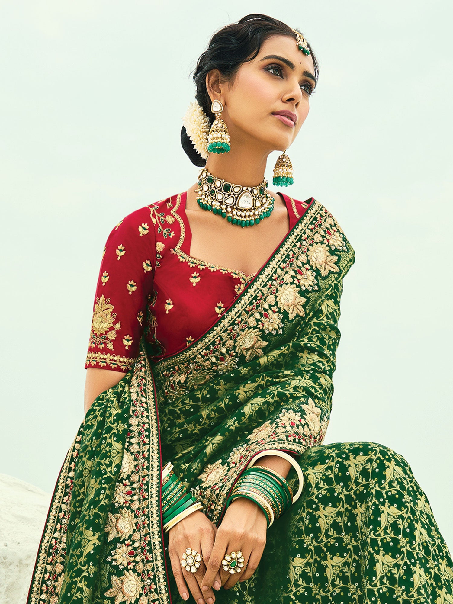 Green Floral Embroidered Traditional Saree In Georgette
