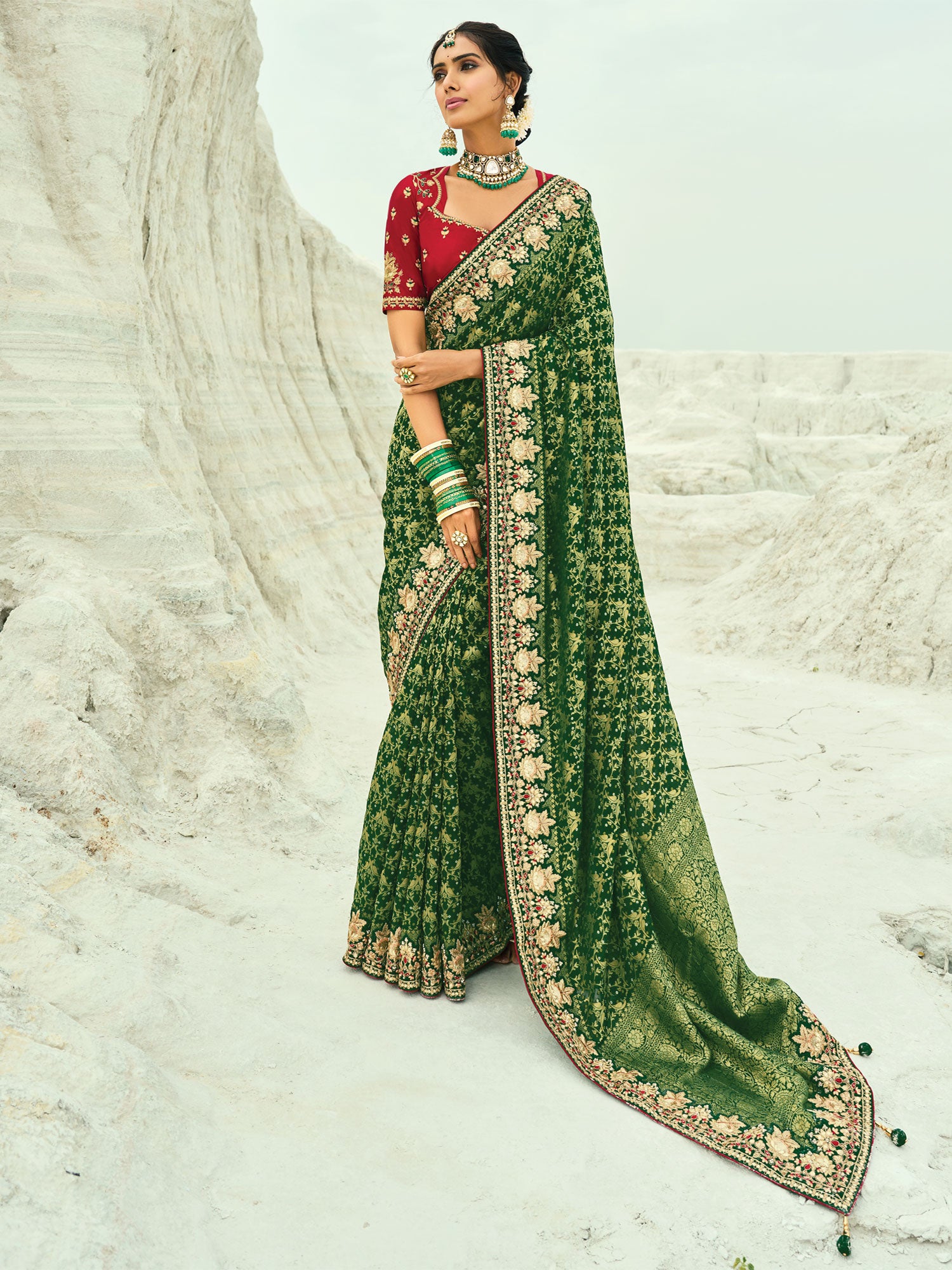 Green Floral Embroidered Traditional Saree In Georgette