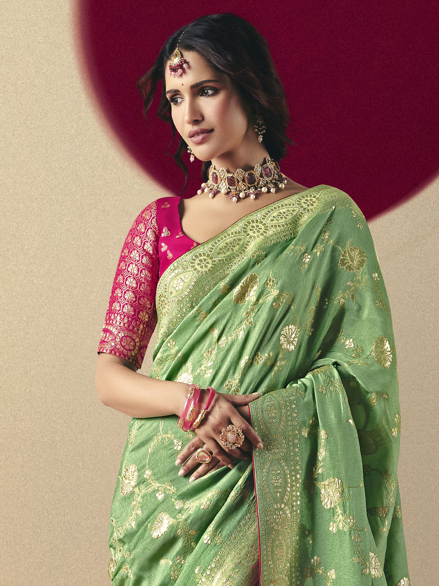 Pista Green Floral Zari Weaving Festive Saree