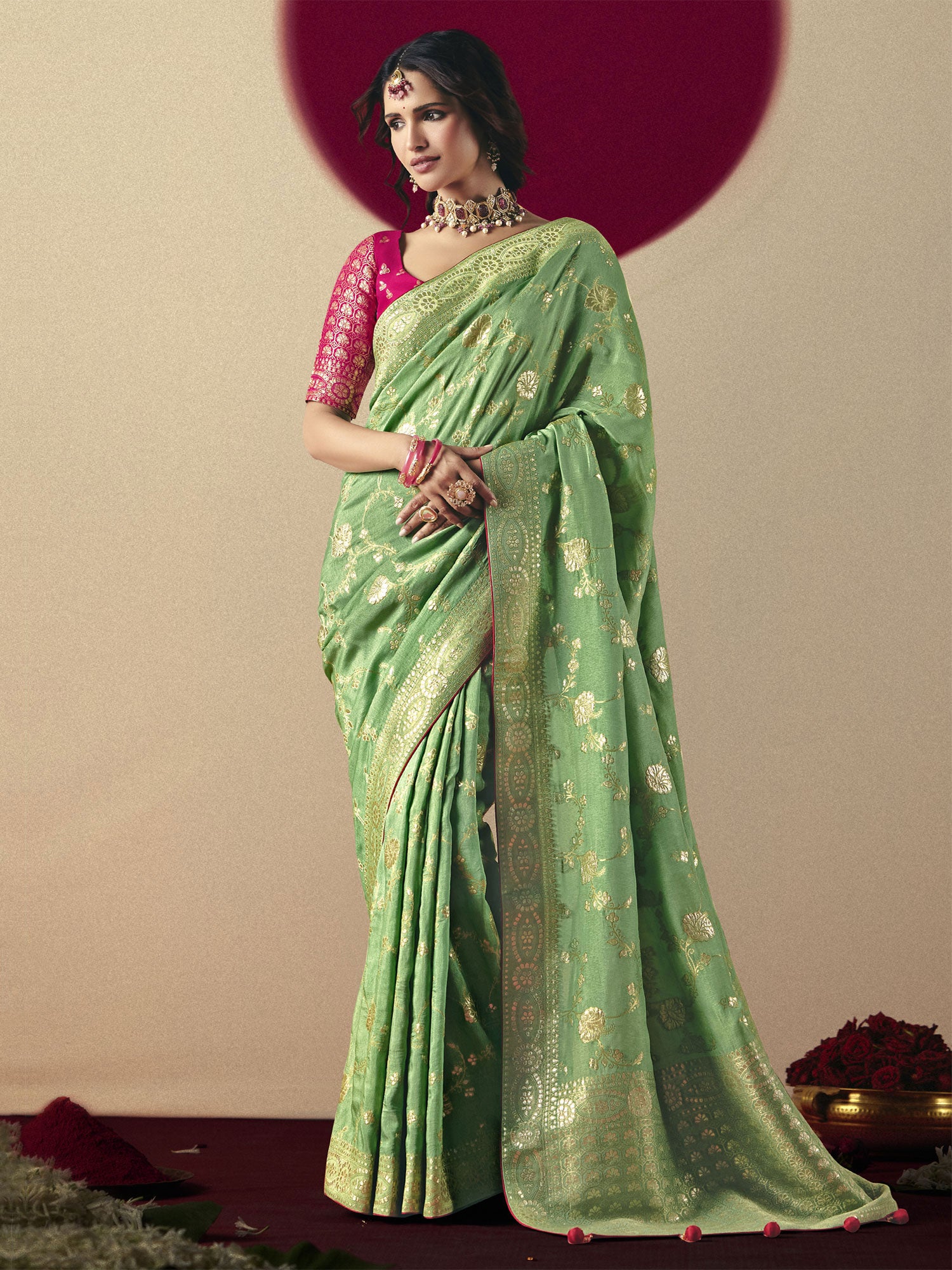Pista Green Floral Zari Weaving Festive Saree