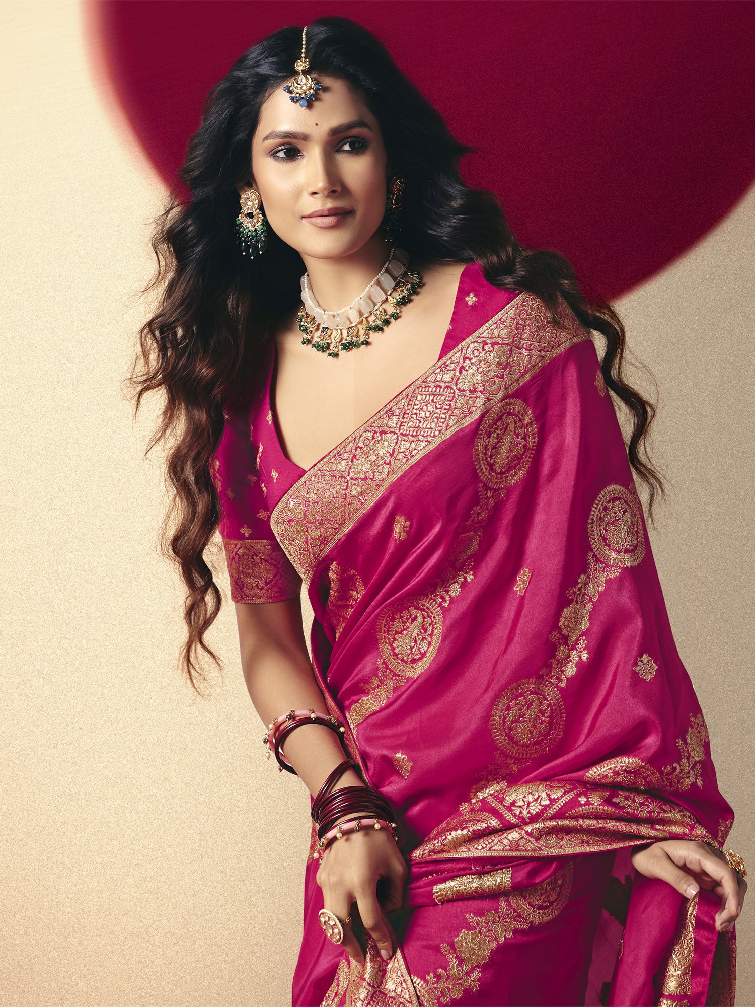 Rani Pink Party Wear Saree In Heavy Woven Pallu