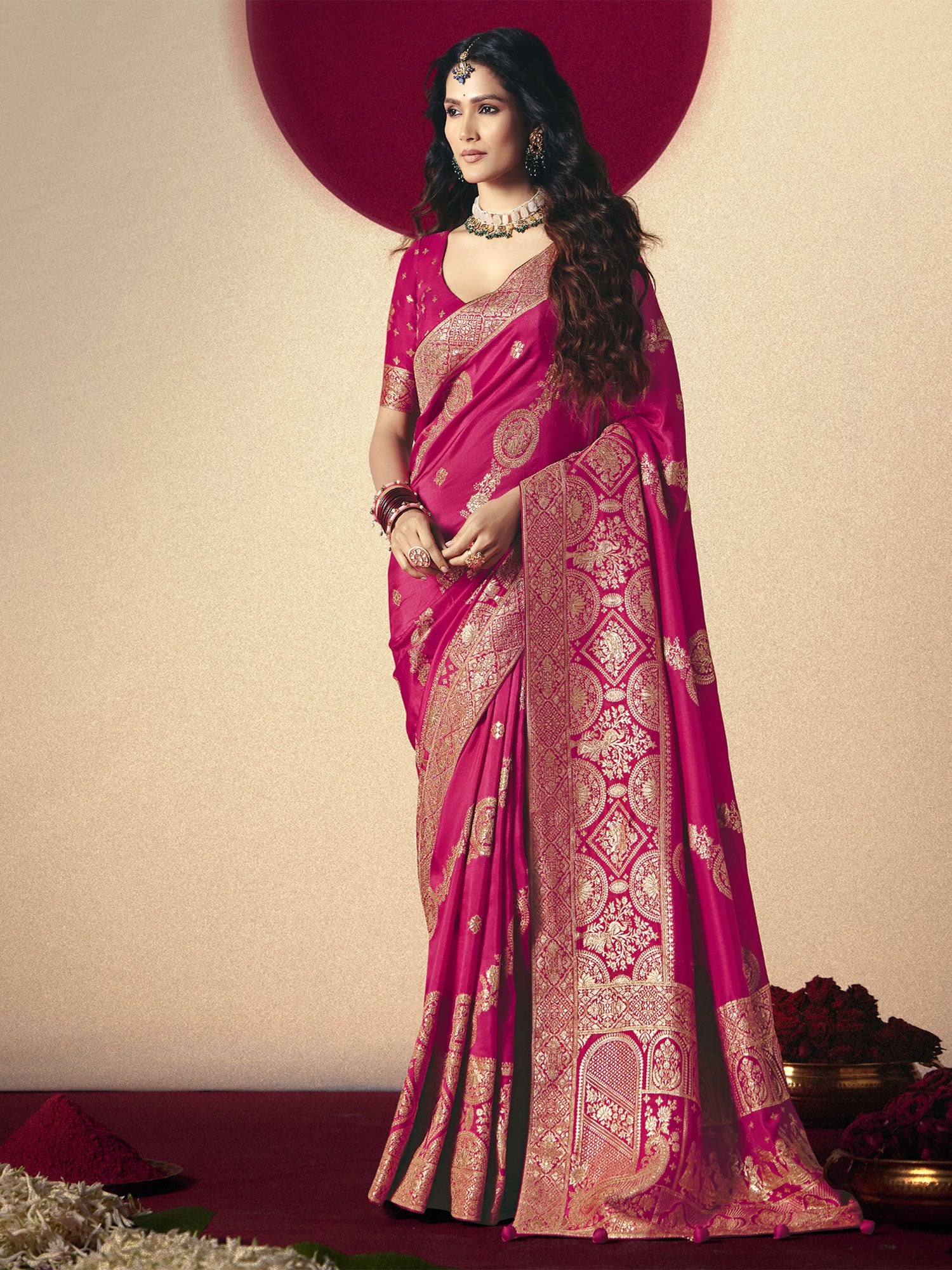 Rani Pink Party Wear Saree In Heavy Woven Pallu