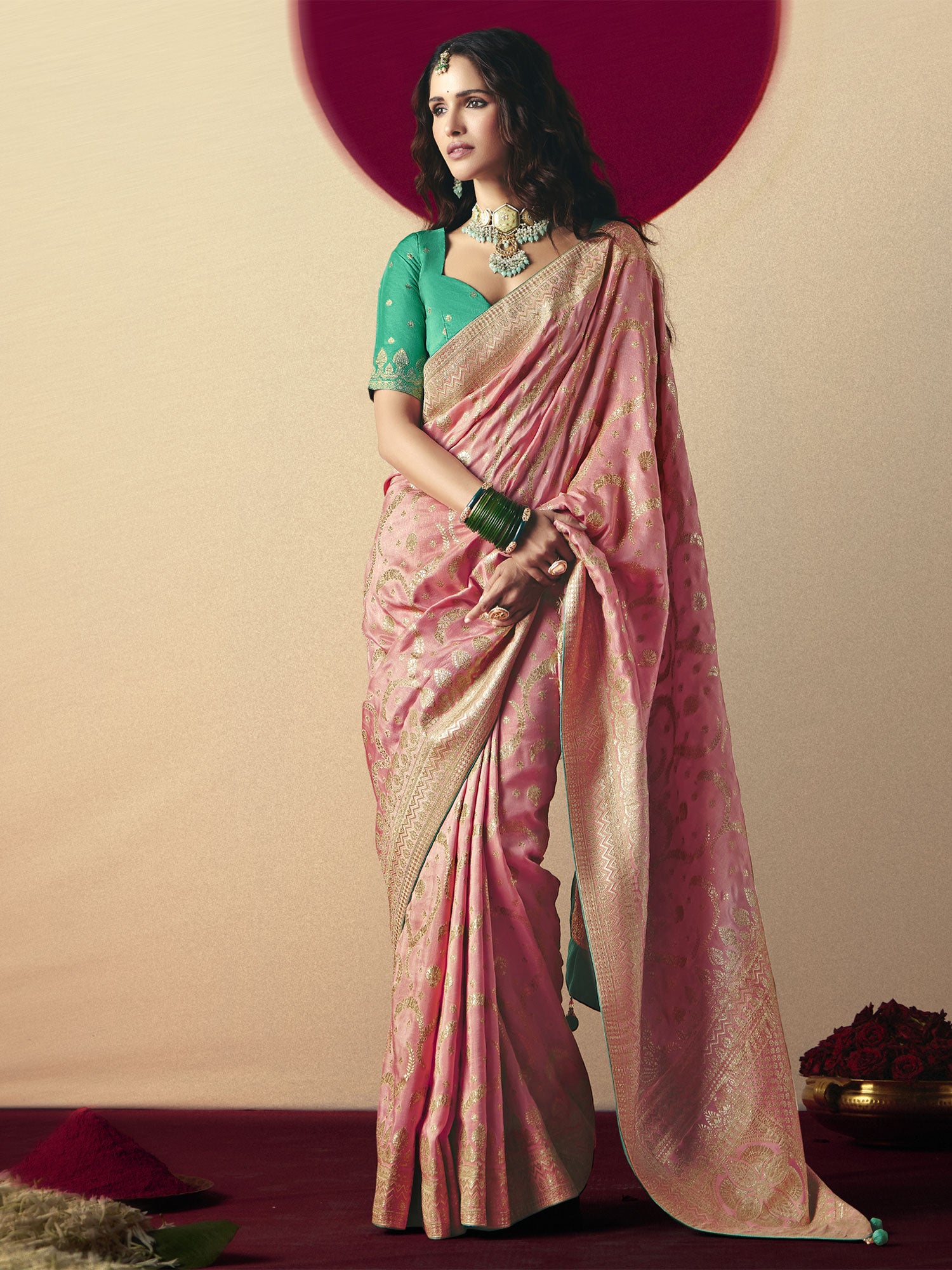 Rose Pink Party Saree In Floral Zari Woven