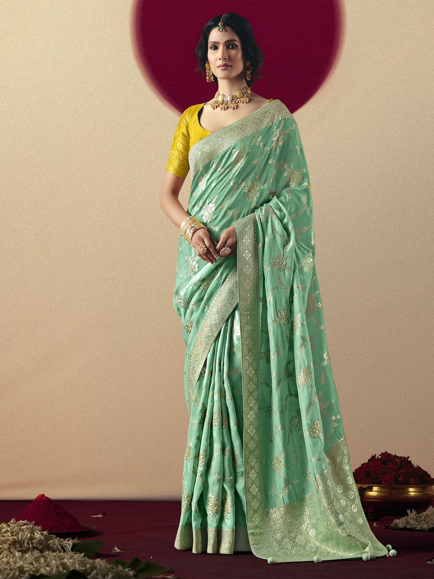Light Turquoise Weaving Saree With Blouse