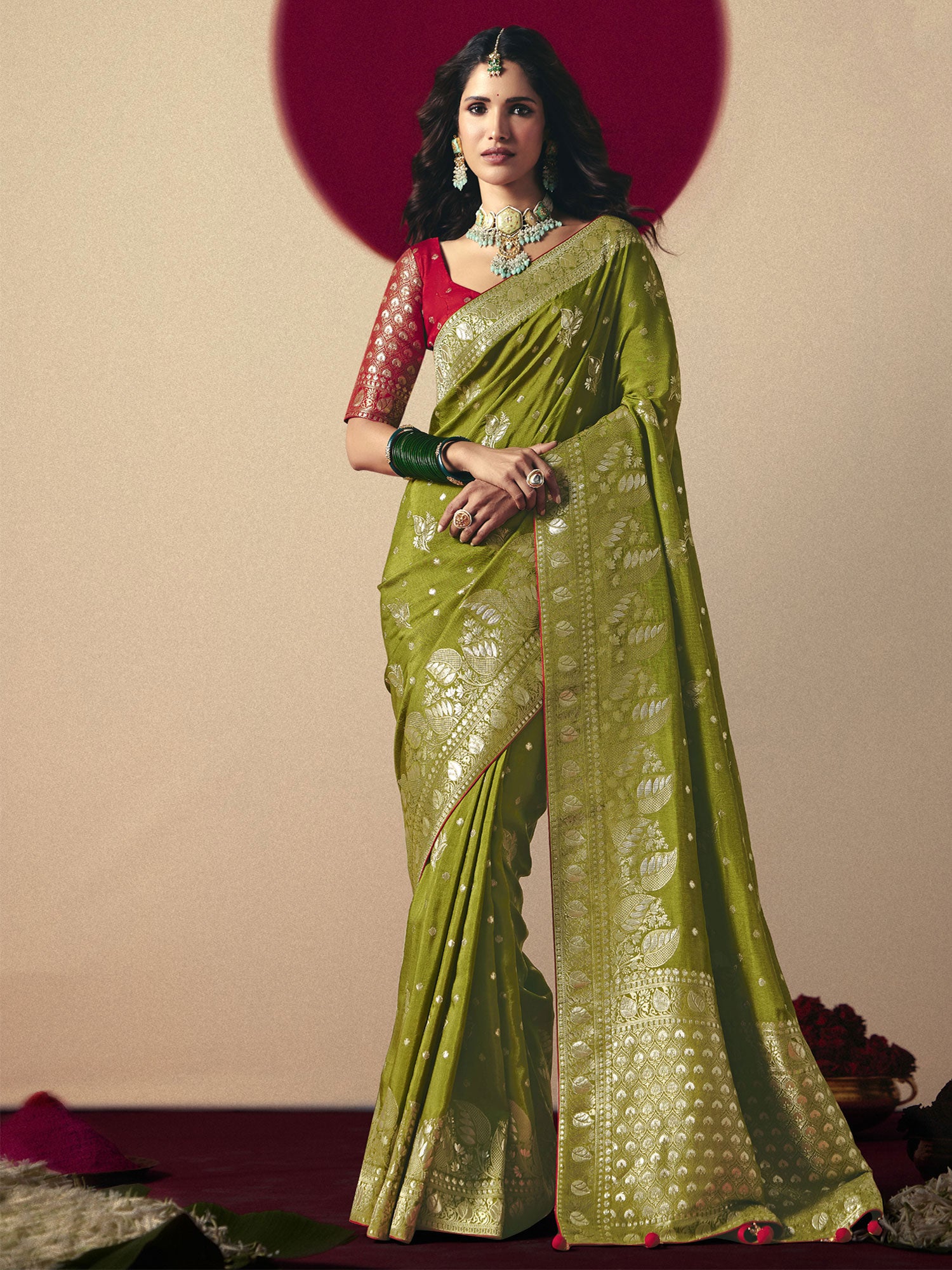 Olive Green Wedding Wear Saree With Woven Pallu