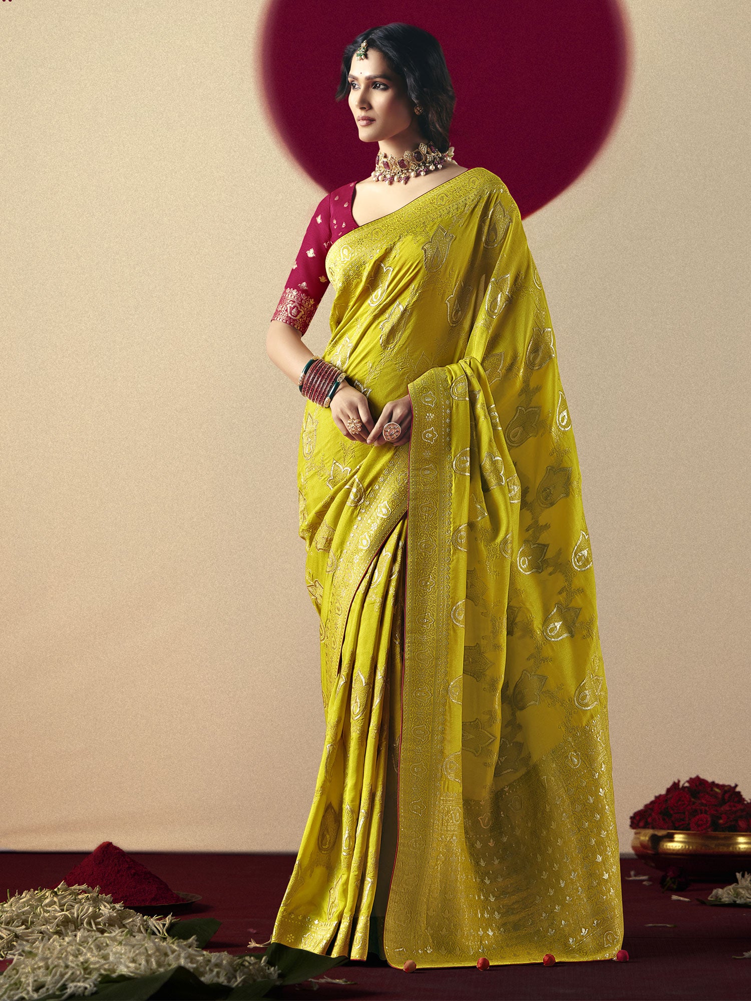 Pear Green Festive Saree With Zari Woven Pattern