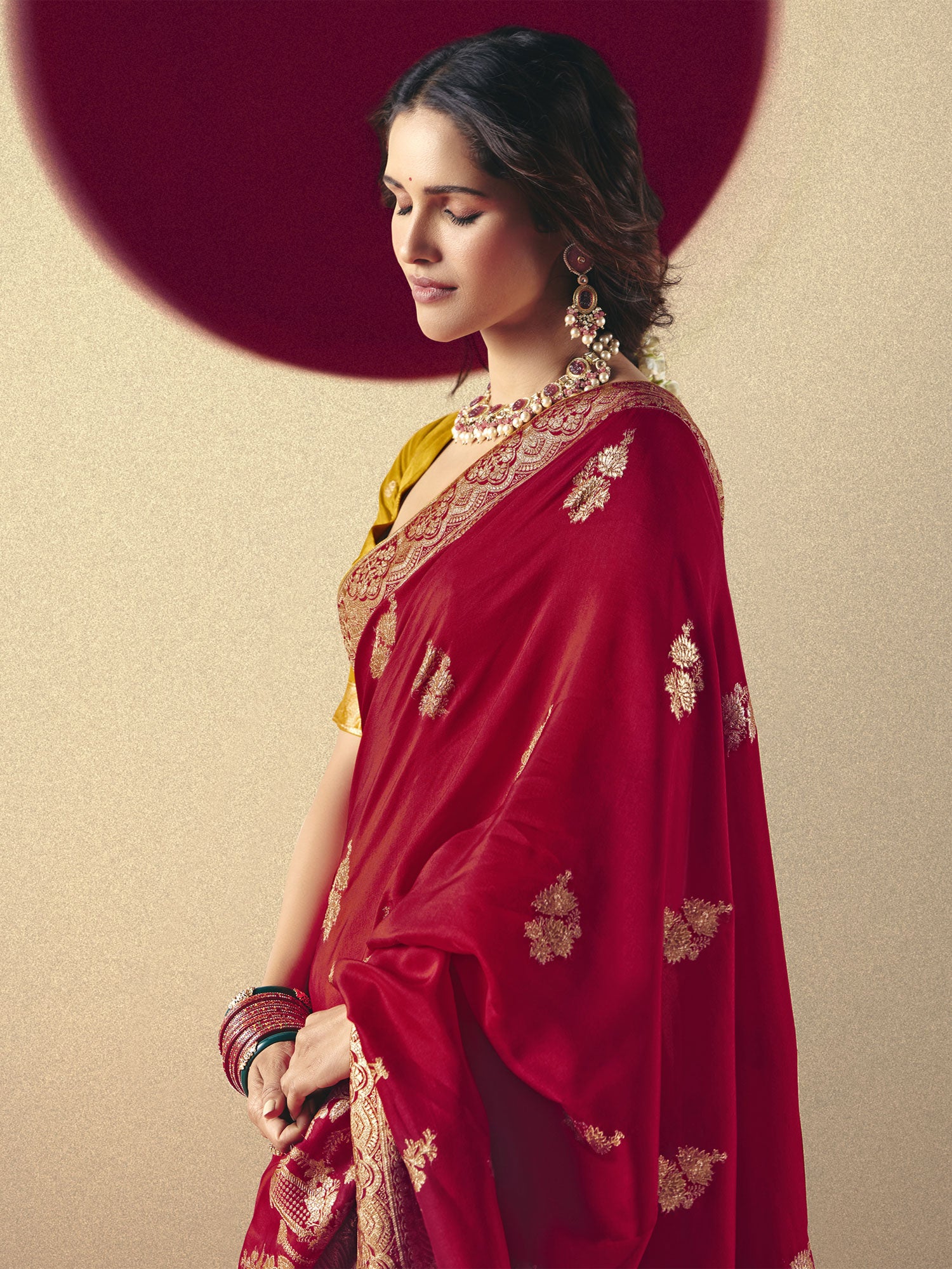 Red Wedding Saree With Zari Woven Borders