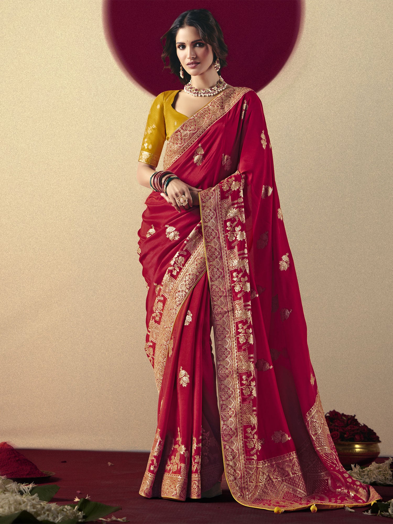 Red Wedding Saree With Zari Woven Borders