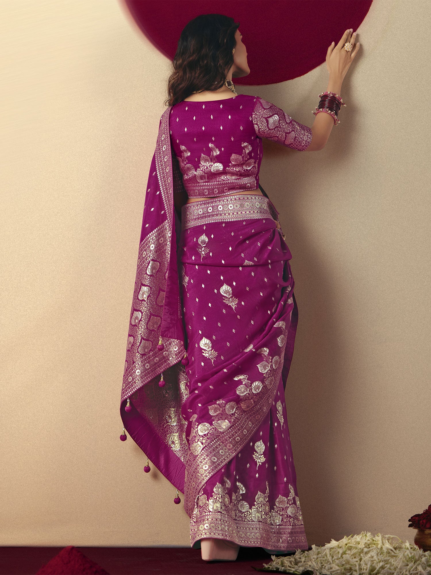 Magenta Wedding Saree In Silver Zari Work