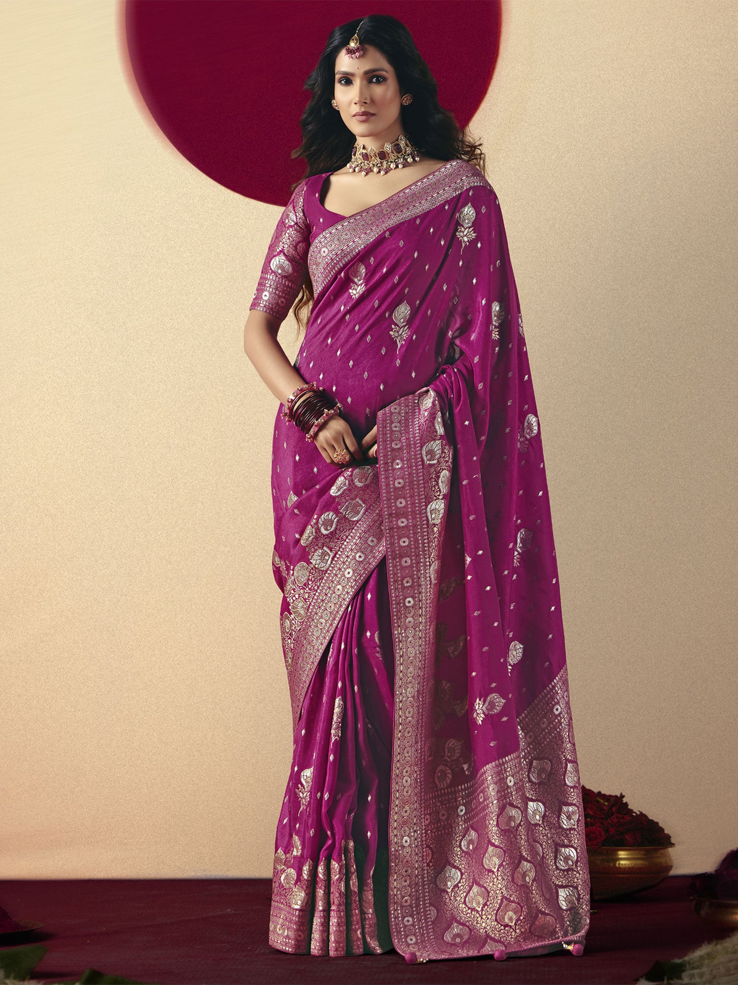 Magenta Wedding Saree In Silver Zari Work